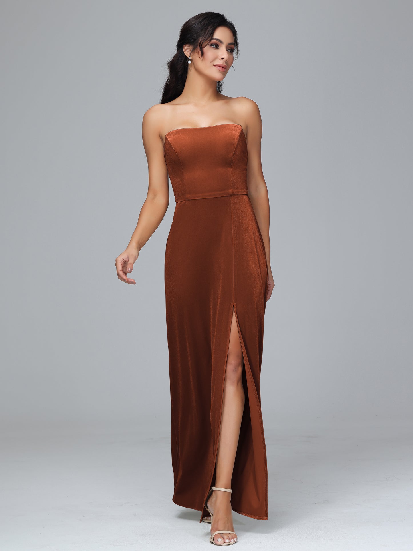 Strapless Velvet Bridesmaid Dress With Slit