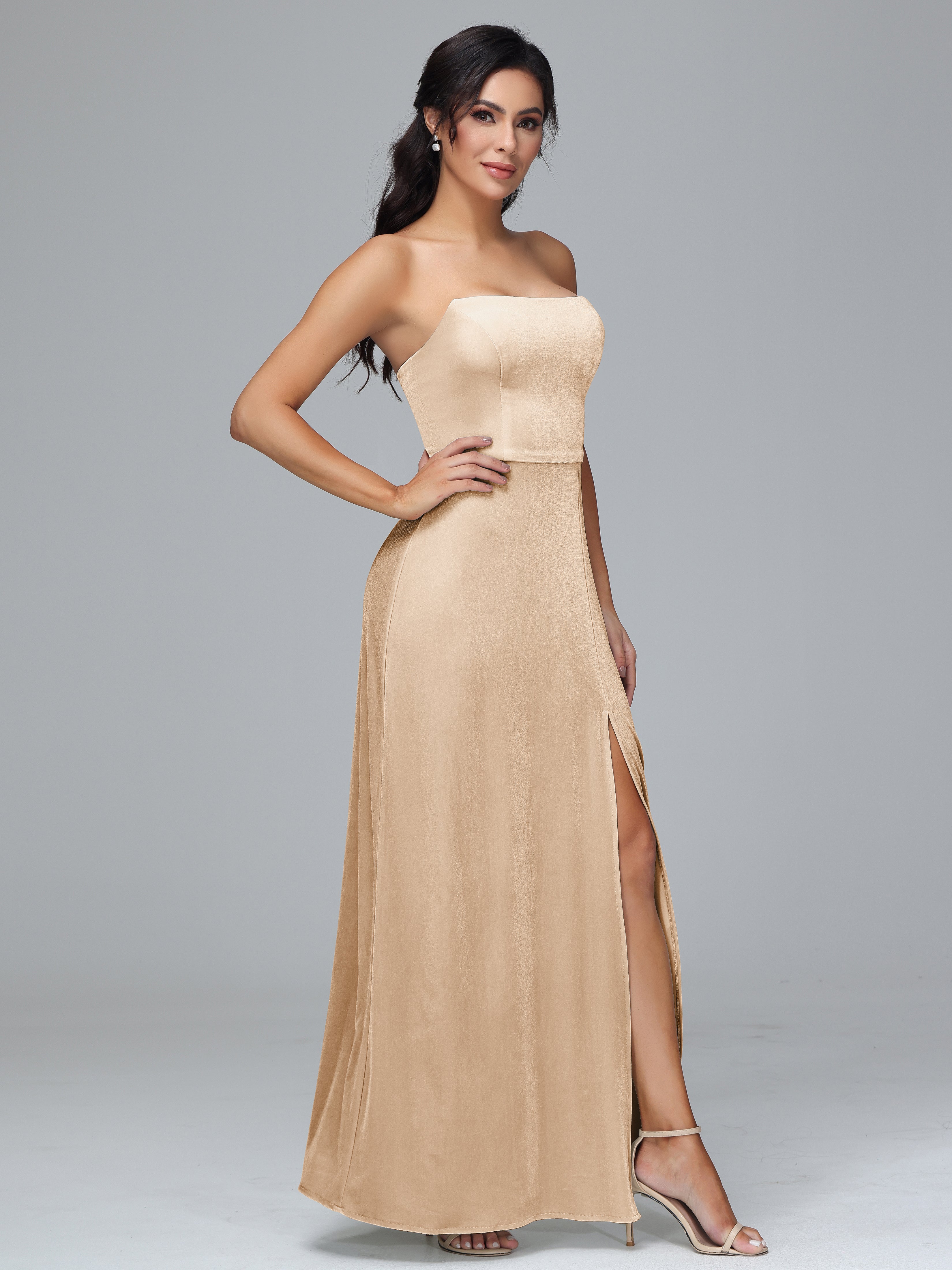 Strapless Velvet Bridesmaid Dress With Slit Strapless Velvet Bridesmaid Dress With Slit