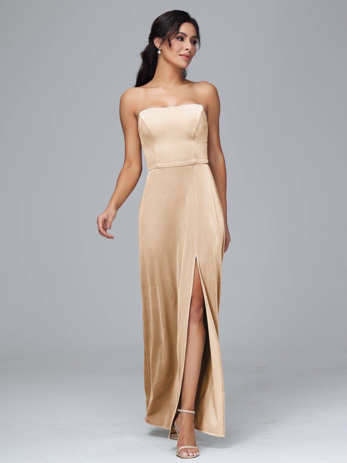 Strapless Velvet Bridesmaid Dress With Slit