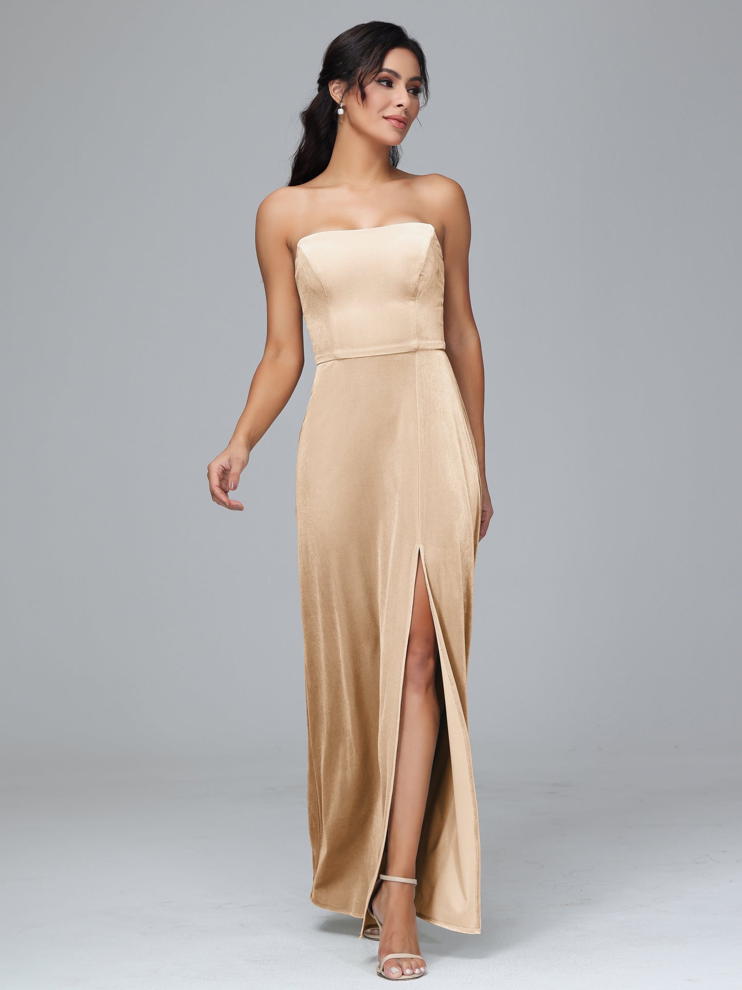 Strapless Plus Size Velvet Bridesmaid Dress With Slit