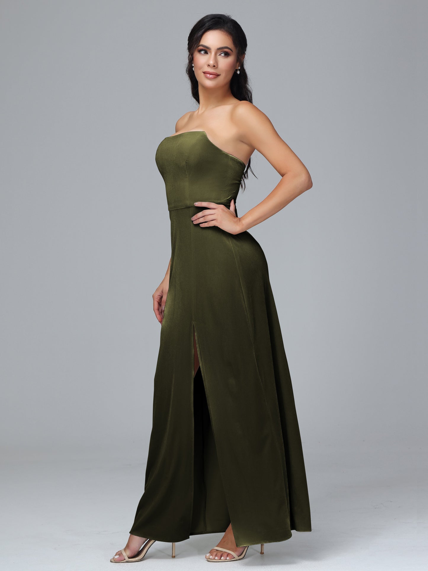 Strapless Plus Size Velvet Bridesmaid Dress With Slit