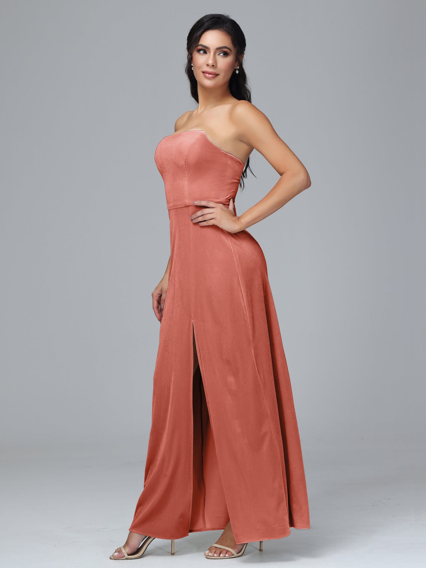 Strapless Velvet Bridesmaid Dress With Slit