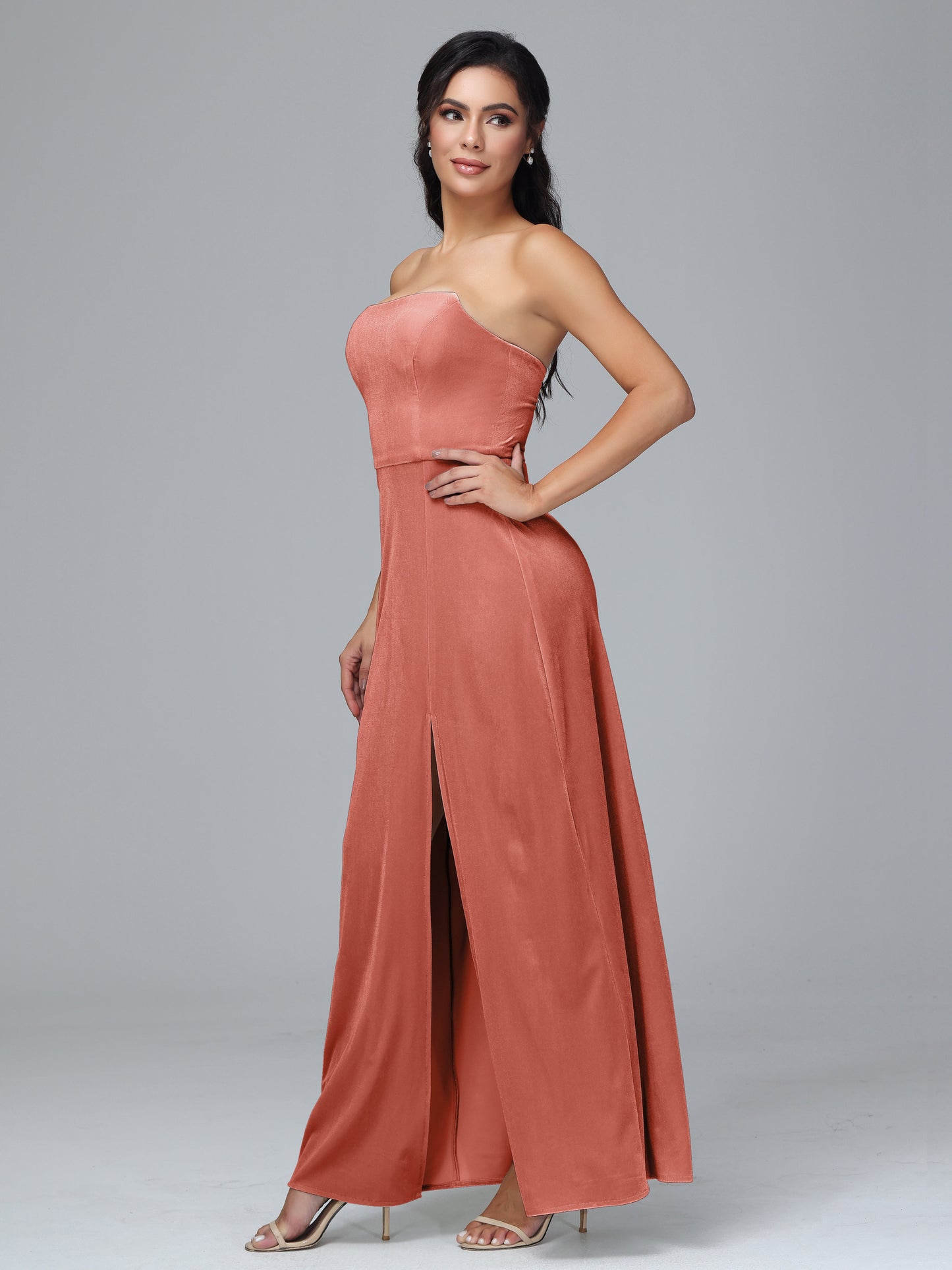 Strapless Plus Size Velvet Bridesmaid Dress With Slit