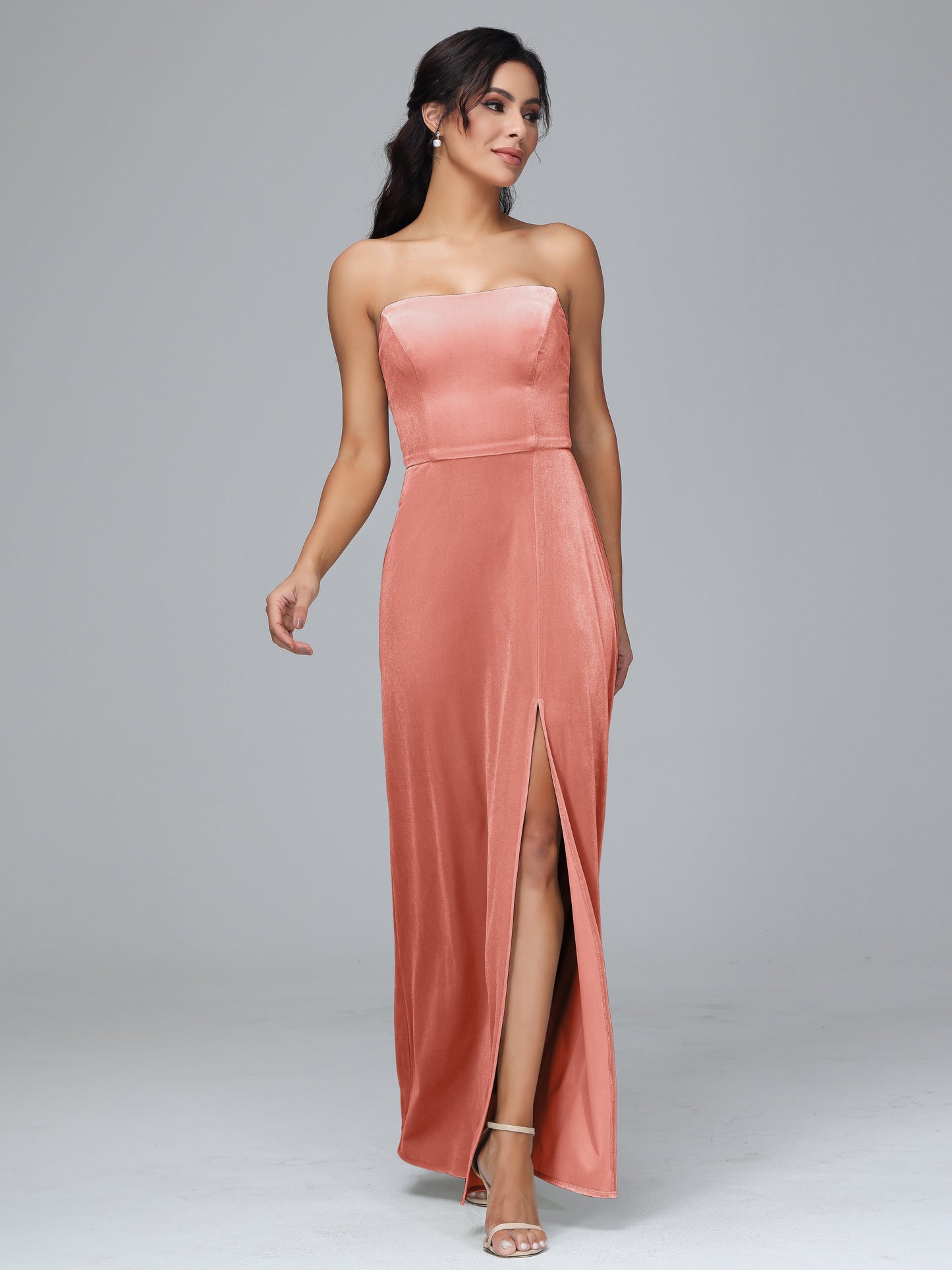 Strapless Plus Size Velvet Bridesmaid Dress With Slit