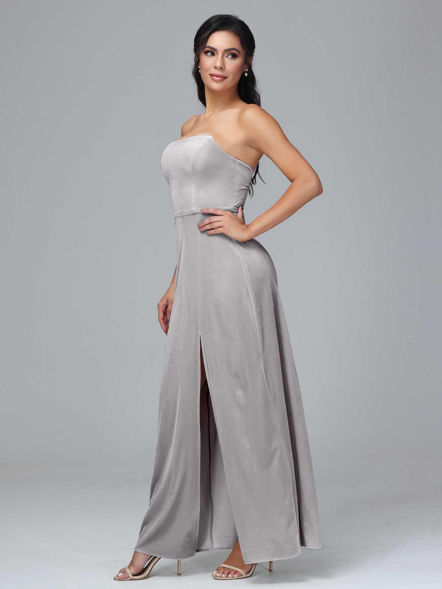 Strapless Velvet Bridesmaid Dress With Slit