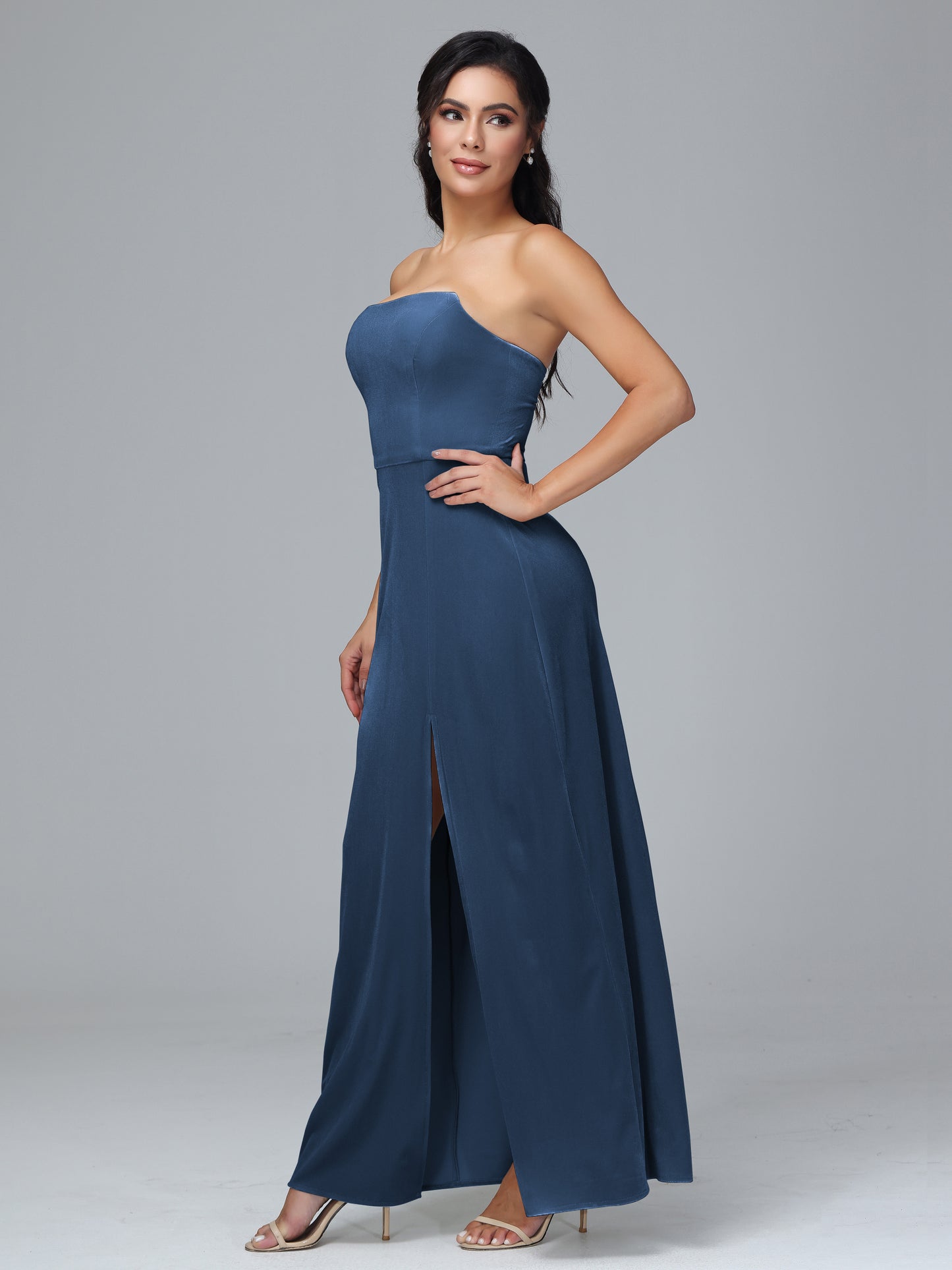 Strapless Velvet Bridesmaid Dress With Slit