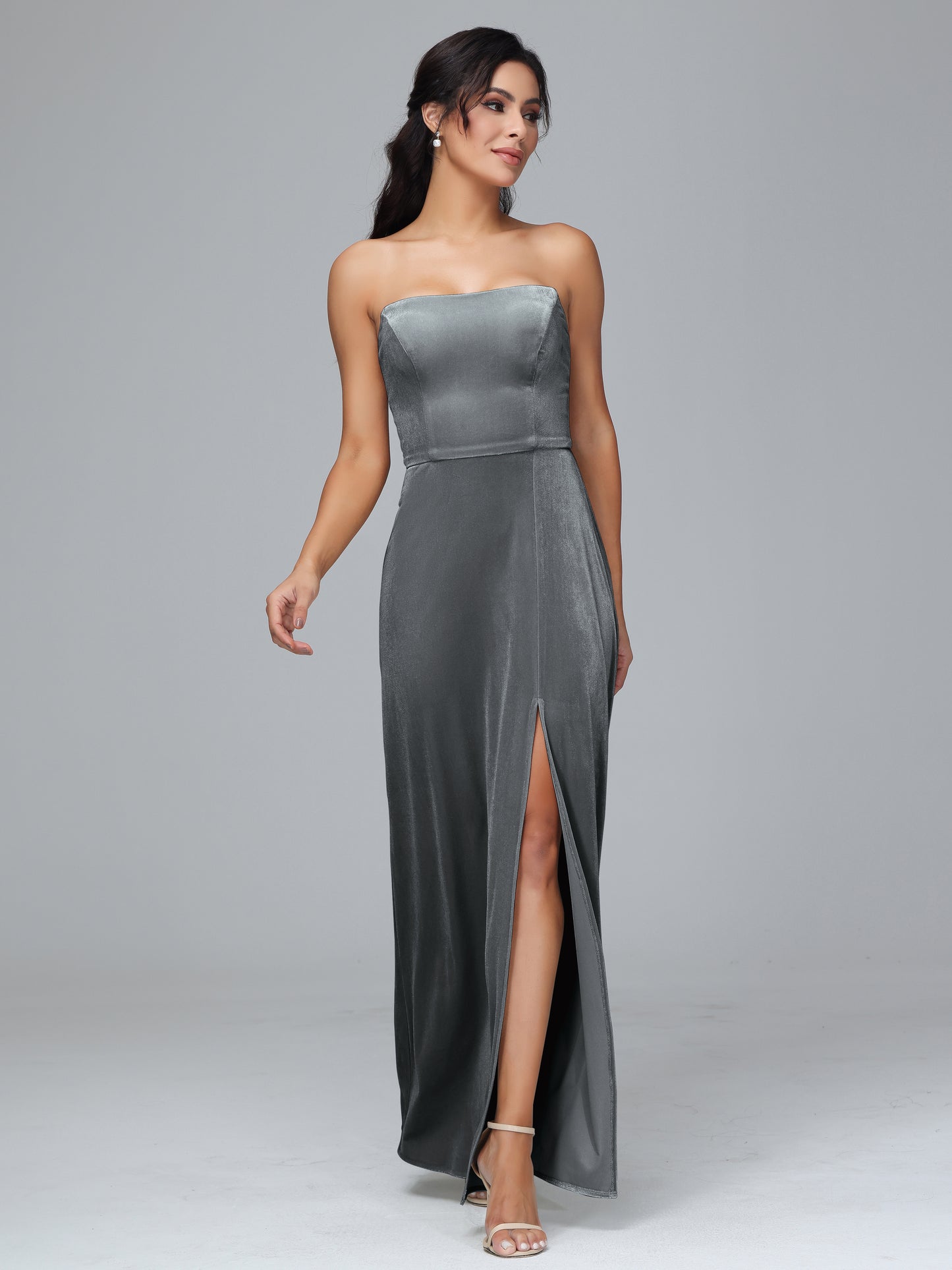 Strapless Velvet Bridesmaid Dress With Slit