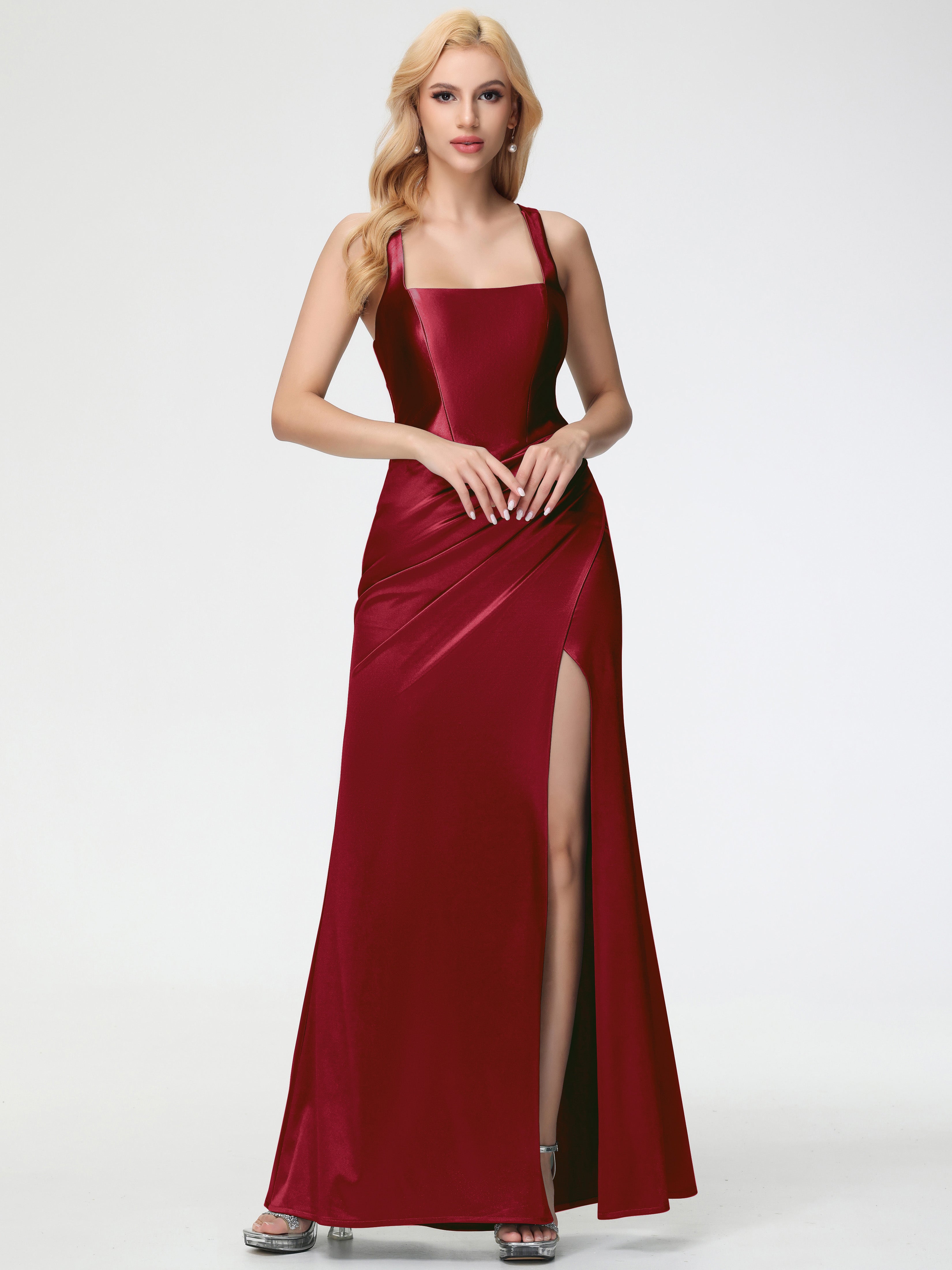 Burgundy Prom Dresses Straps Ruched Floor Length Sheath Prom Dress With Slit Burgundy Prom Dresses Straps Ruched Floor Length Sheath Prom Dress With Slit