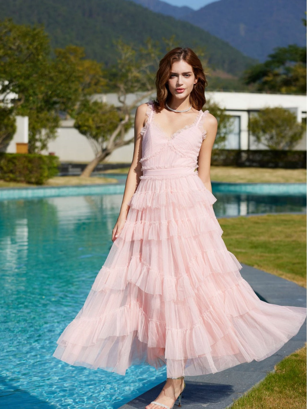Pink Sweet A Line V-Neck Straps High-Waist Tiered Long Prom Dress, Pink / XL Pink Sweet A Line V-Neck Straps High-Waist Tiered Long Prom Dress, Pink / XL