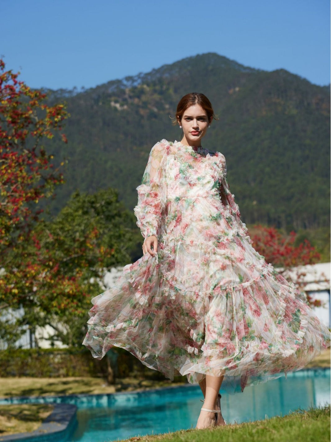 Apricot Sweet Floral Printed Long Puffy Sleeve Ruffle Tulle Prom Dresses, Apricot / XL Apricot Sweet Floral Printed Long Puffy Sleeve Ruffle Tulle Prom Dresses, Apricot / XL