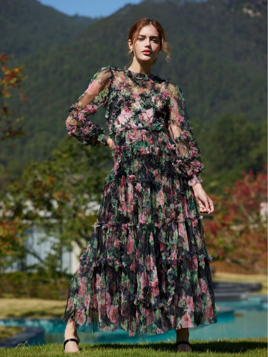 Black Sweet Floral Printed Long Puffy Sleeve Ruffle Tulle Prom Dresses Black Sweet Floral Printed Long Puffy Sleeve Ruffle Tulle Prom Dresses