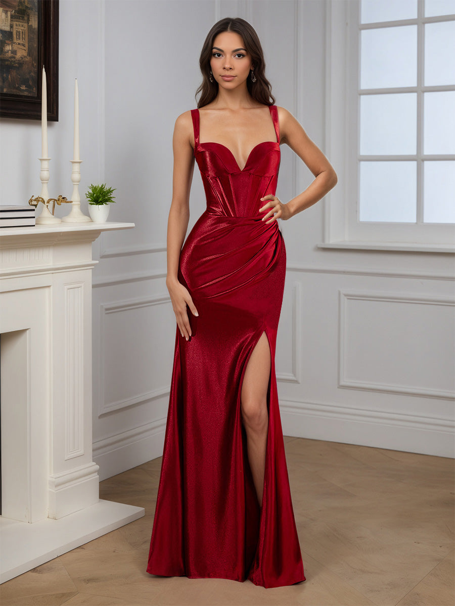 Cicinia Burgundy Prom Dresses Satin Floor Length Straps Mermaid Evening Dresses