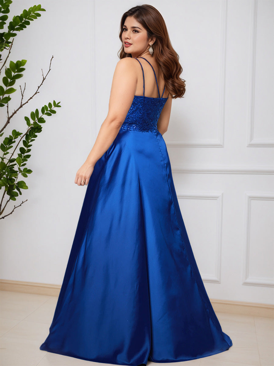 Pretty Spaghetti Straps Royal Blue Long A-line Sweep Train Plus Size Prom Dress