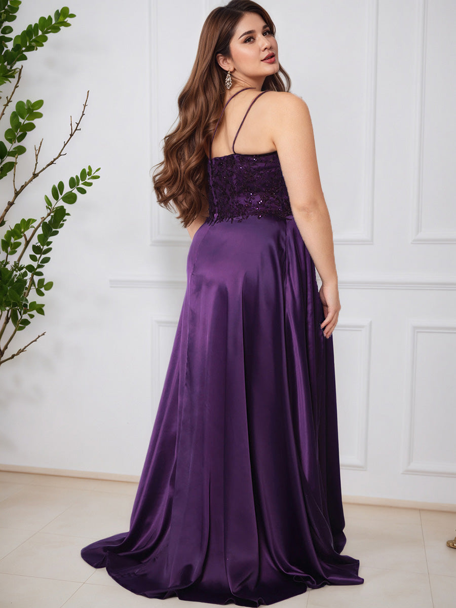 Pretty Spaghetti Straps Grape Long A-line Sweep Train Plus Size Prom Dress