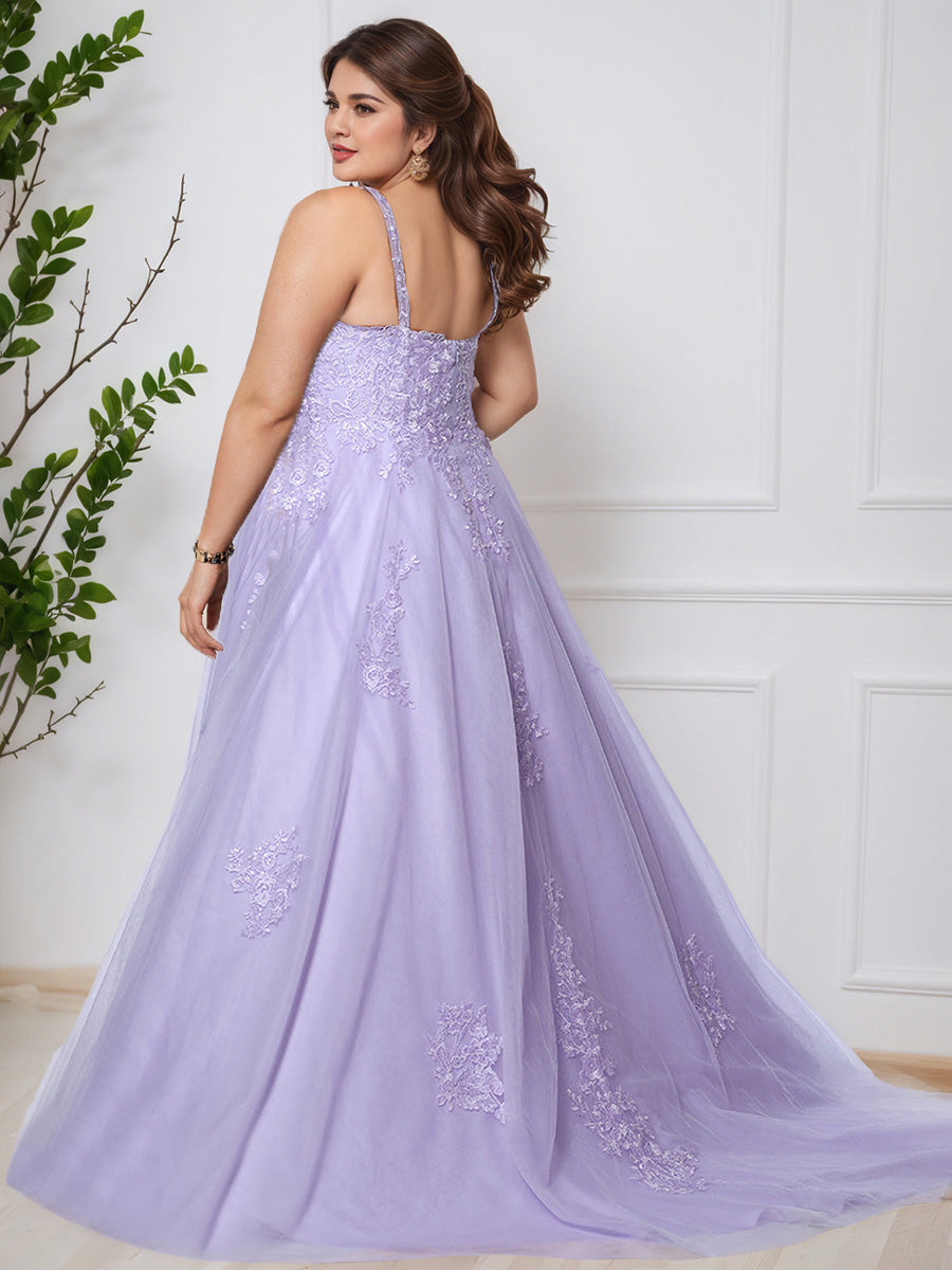 Deep V-neck Sleeveless Lace Tulle Long Plus Size Princess Prom Dress