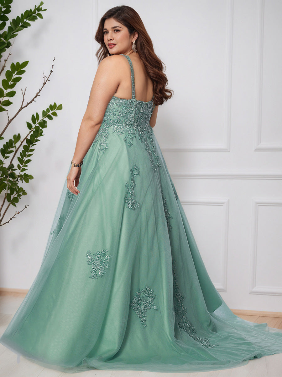 Elegant Deep V-neck Sleeveless Lace Tulle Long Plus Size Princess Prom Dress