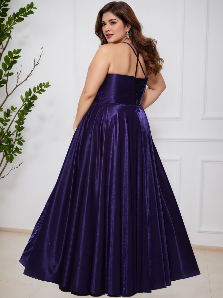 Elegant A-line Spaghetti Straps Floor Length Long Plus Size Prom Dress