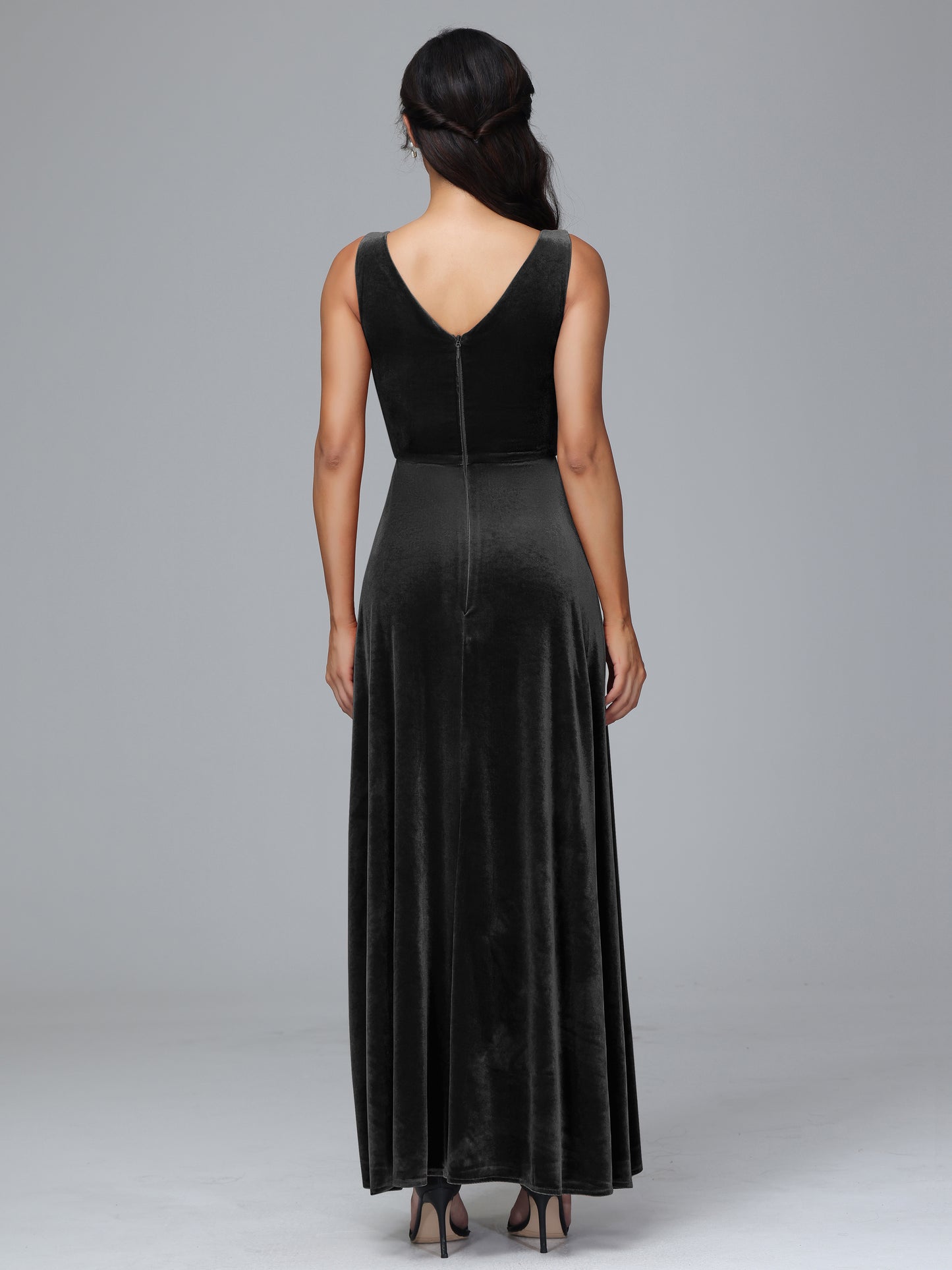 V Neck A Line Velvet Bridesmaid Dress With Slit