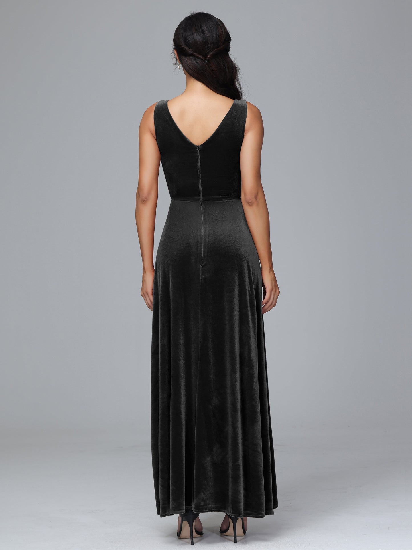 V Neck A Line Plus Size Velvet Bridesmaid Dress With Slit