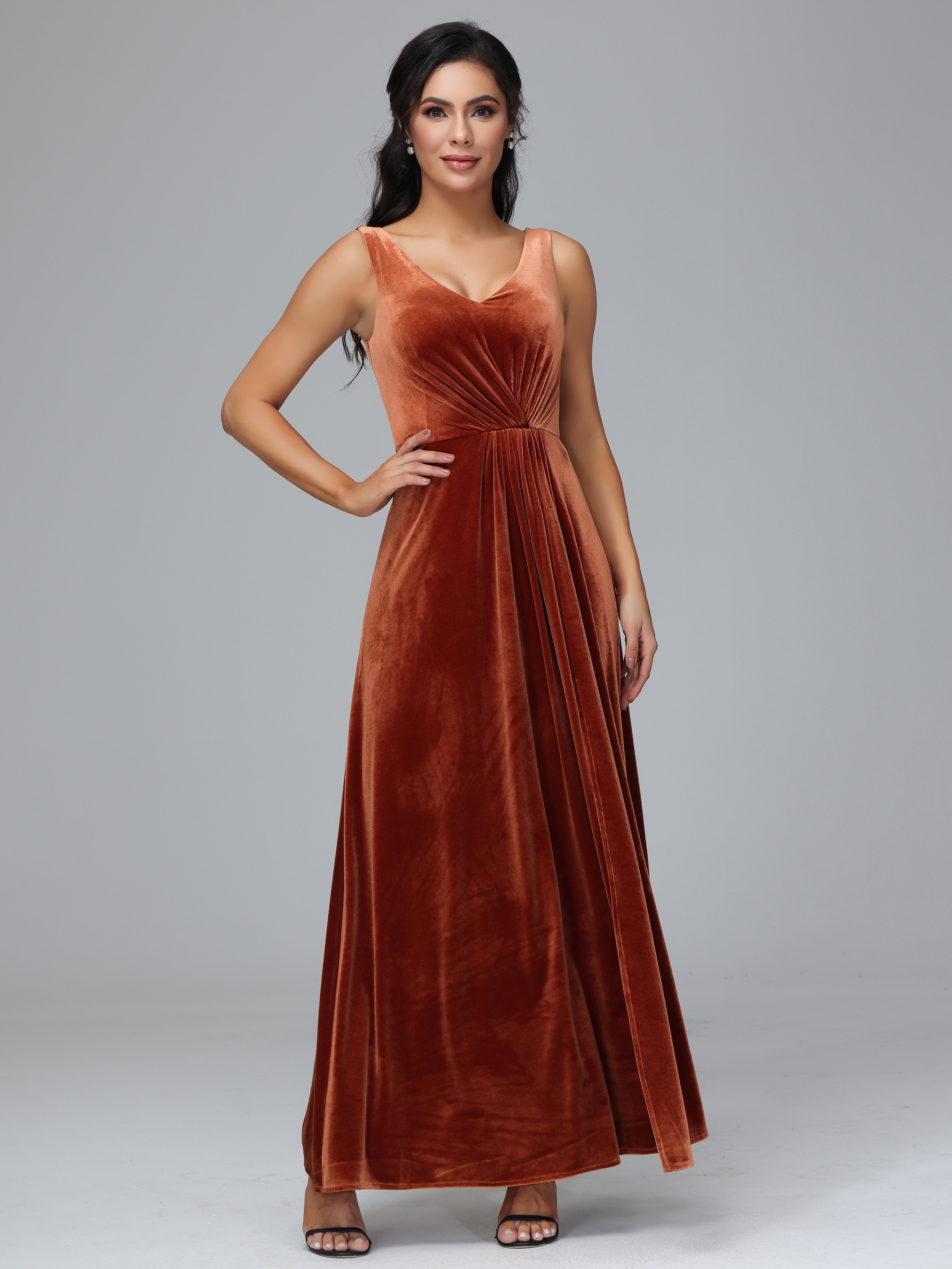 V Neck A Line Velvet Bridesmaid Dress with Slit, Burnt_Orange V Neck A Line Velvet Bridesmaid Dress with Slit, Burnt_Orange