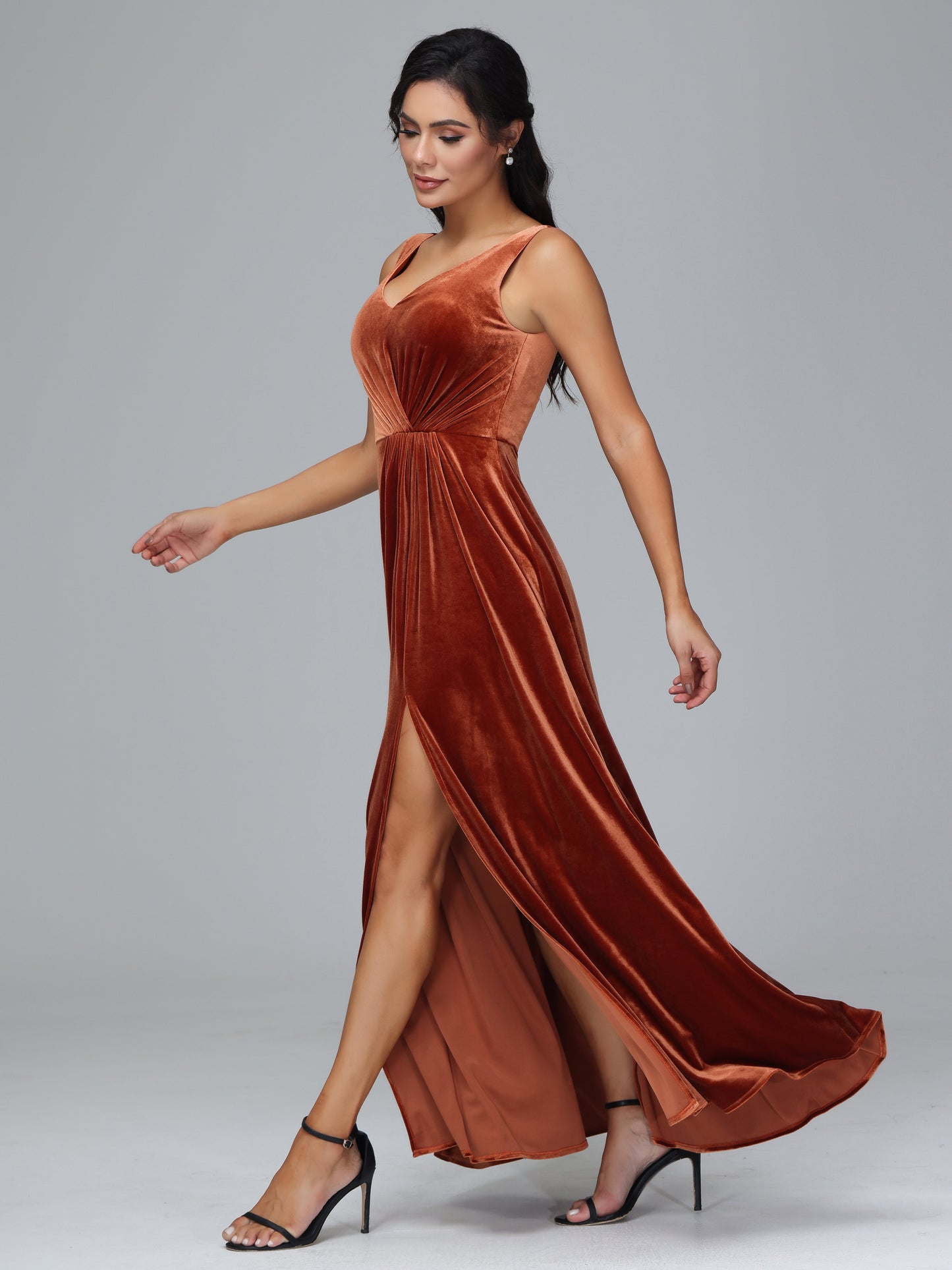 V Neck A Line Plus Size Velvet Bridesmaid Dress With Slit