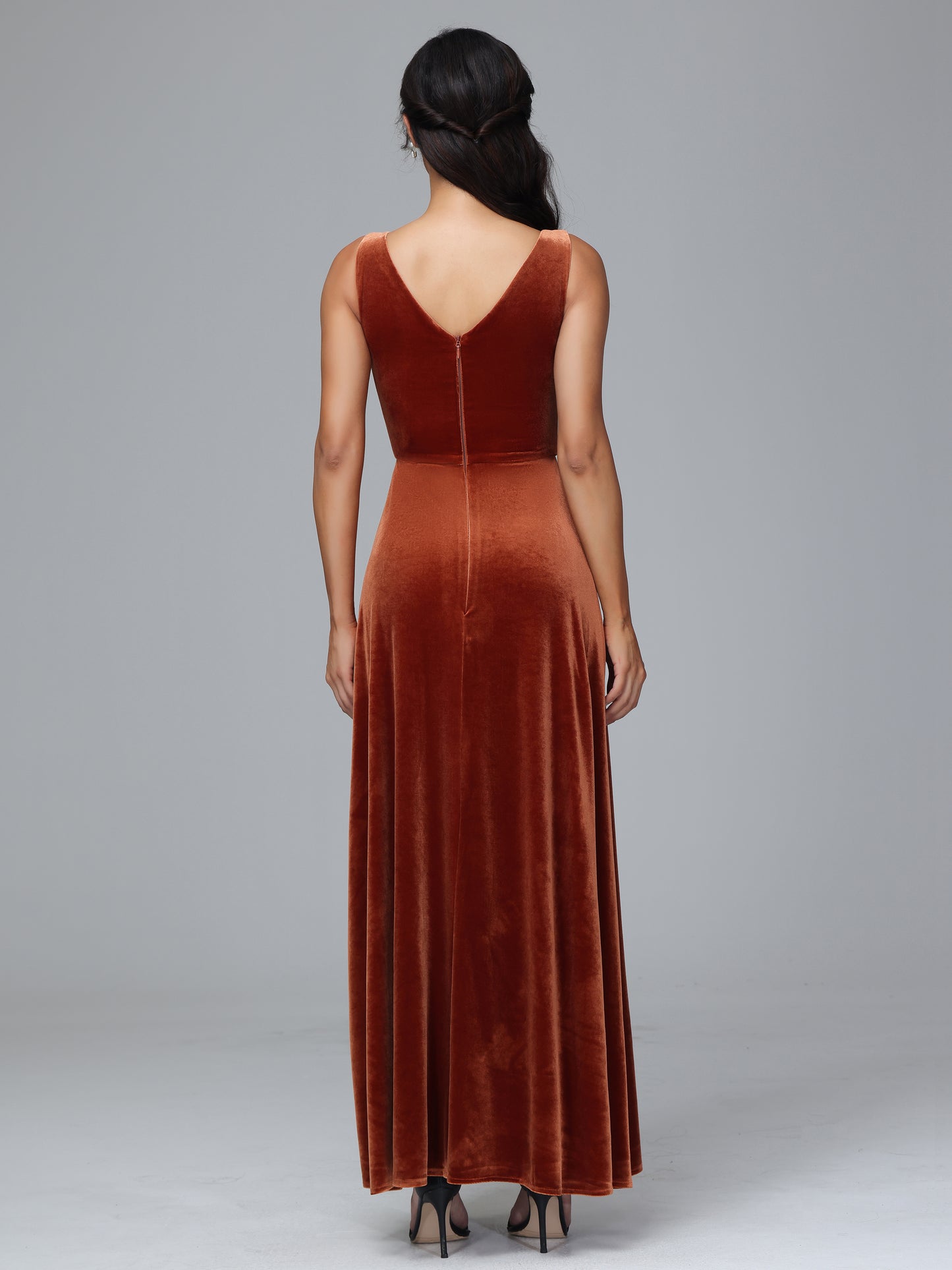 V Neck A Line Velvet Bridesmaid Dress With Slit