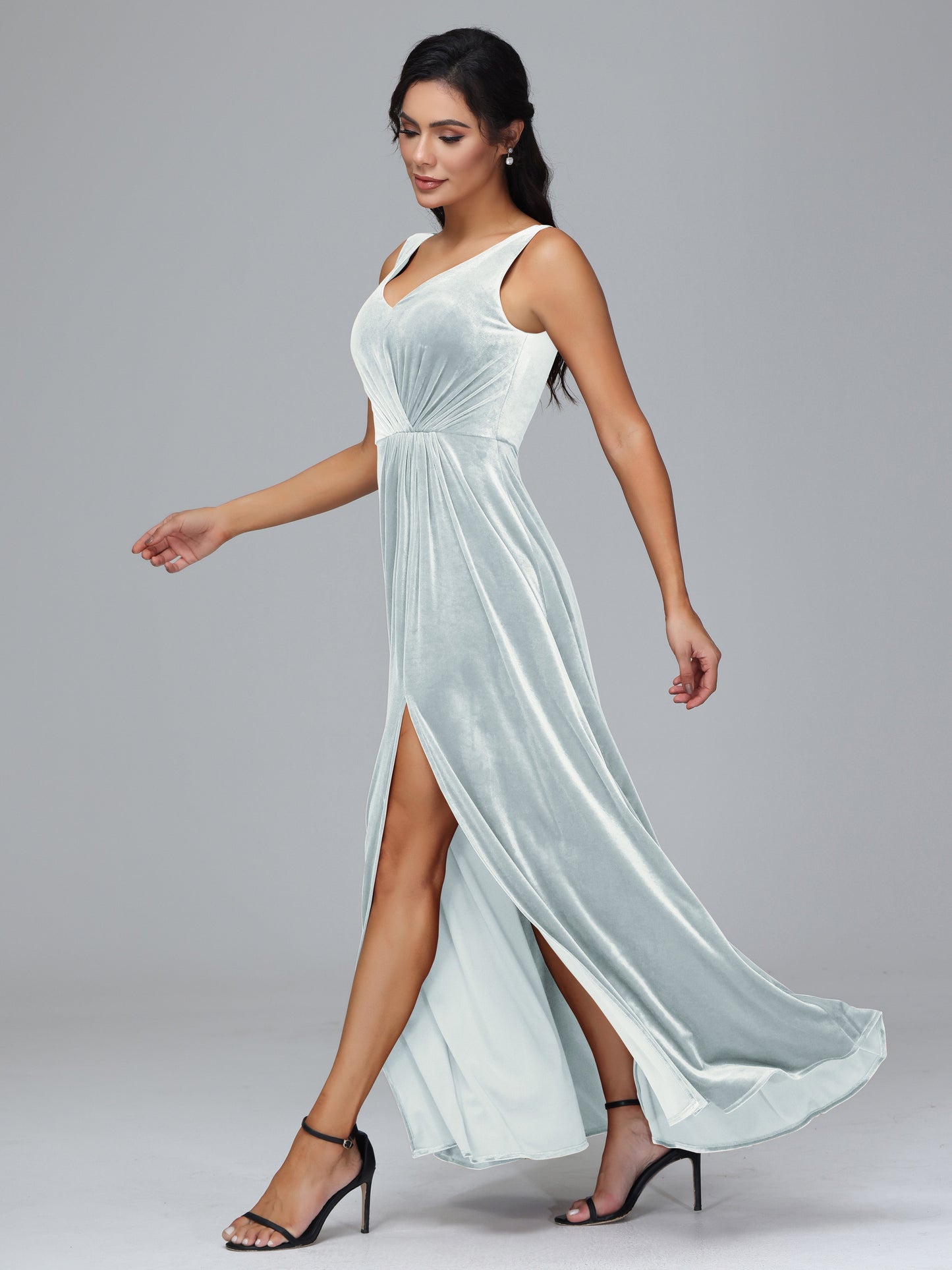 V Neck A Line Plus Size Velvet Bridesmaid Dress With Slit