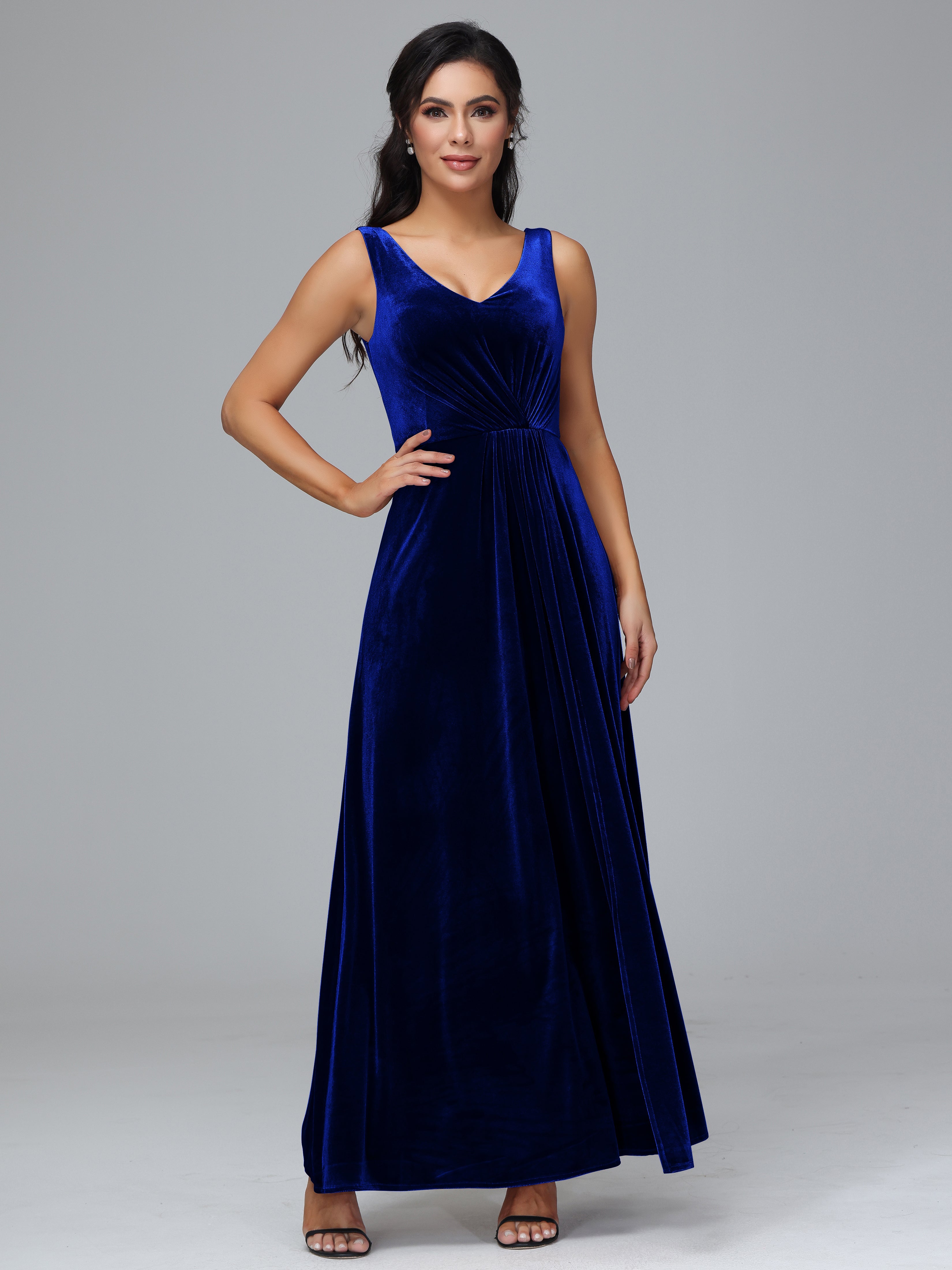 V Neck A Line Plus Size Velvet Bridesmaid Dress With Slit