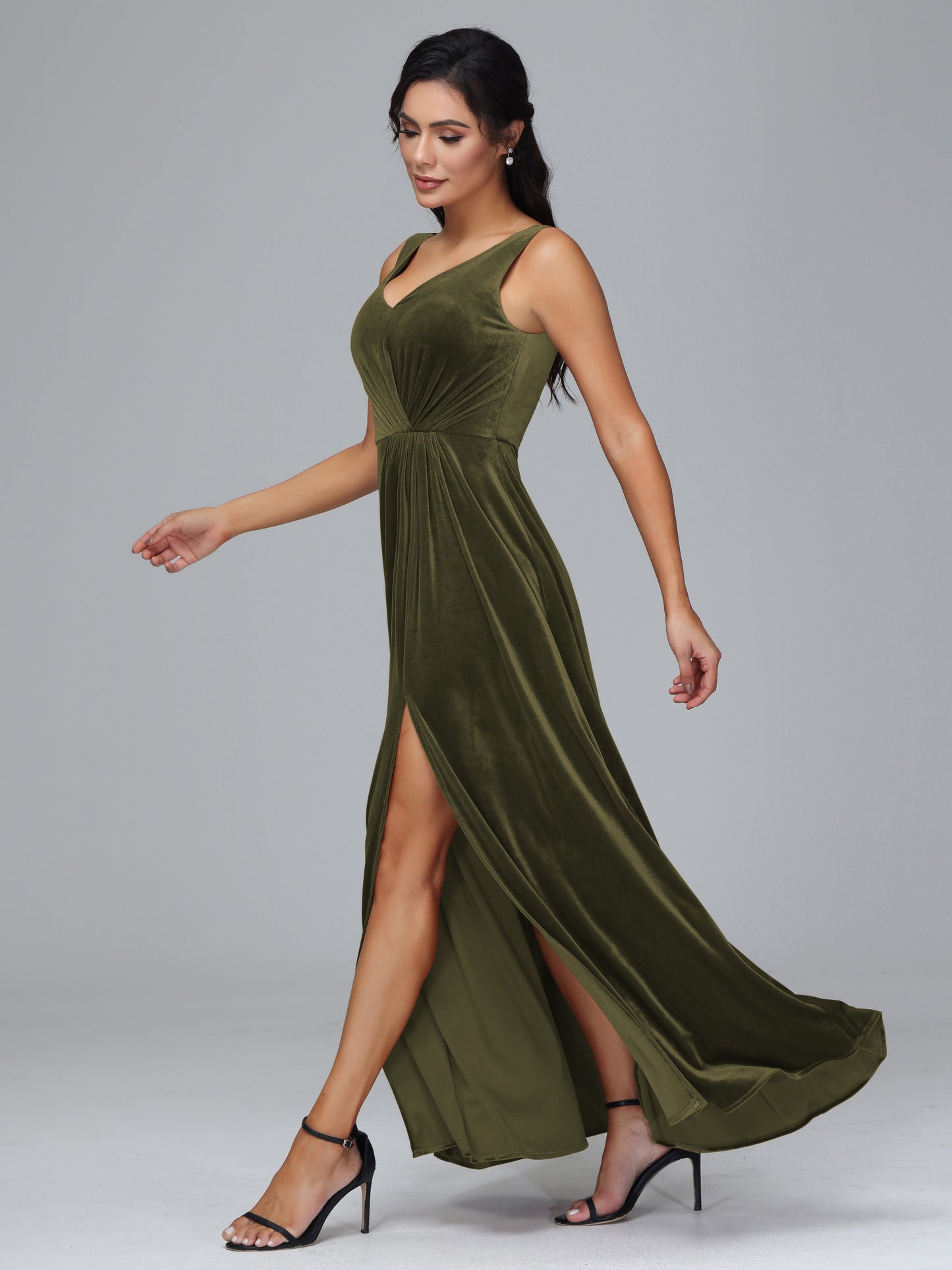 V Neck A Line Plus Size Velvet Bridesmaid Dress With Slit