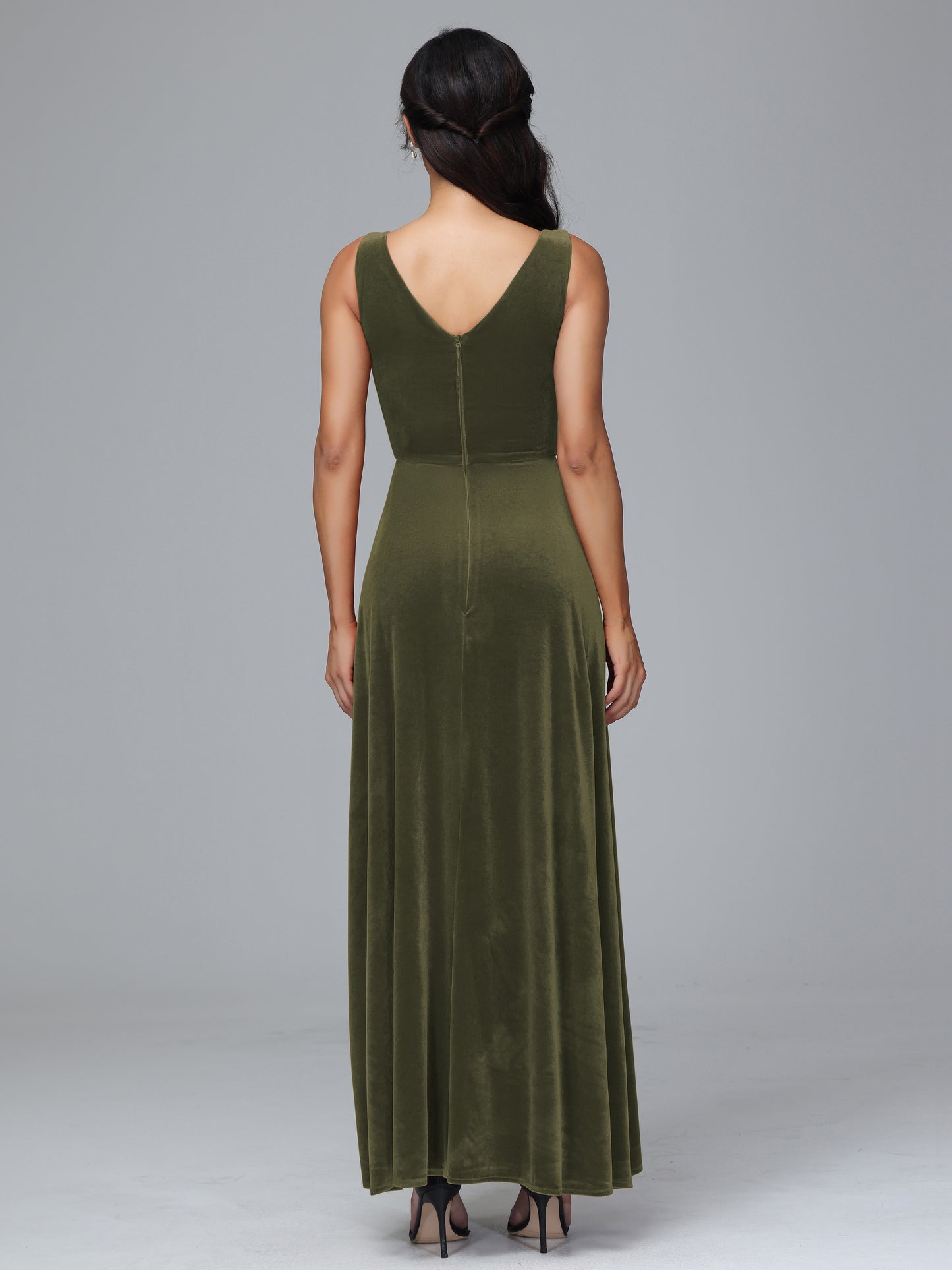 V Neck A Line Velvet Bridesmaid Dress With Slit