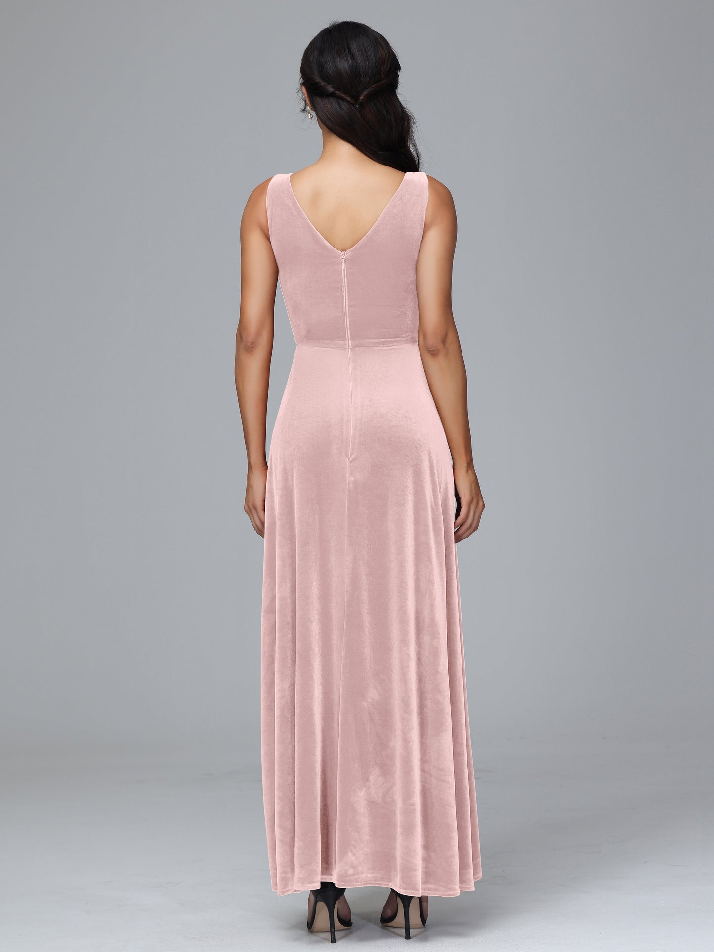 V Neck A Line Plus Size Velvet Bridesmaid Dress With Slit