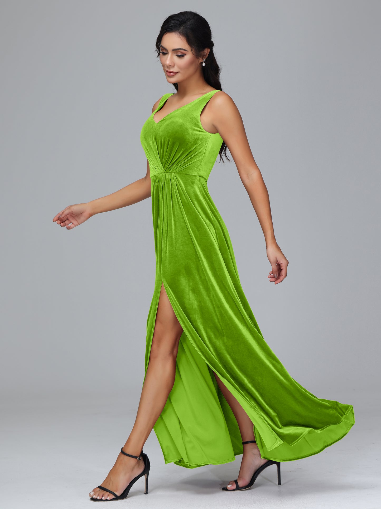 V Neck A Line Velvet Bridesmaid Dress With Slit