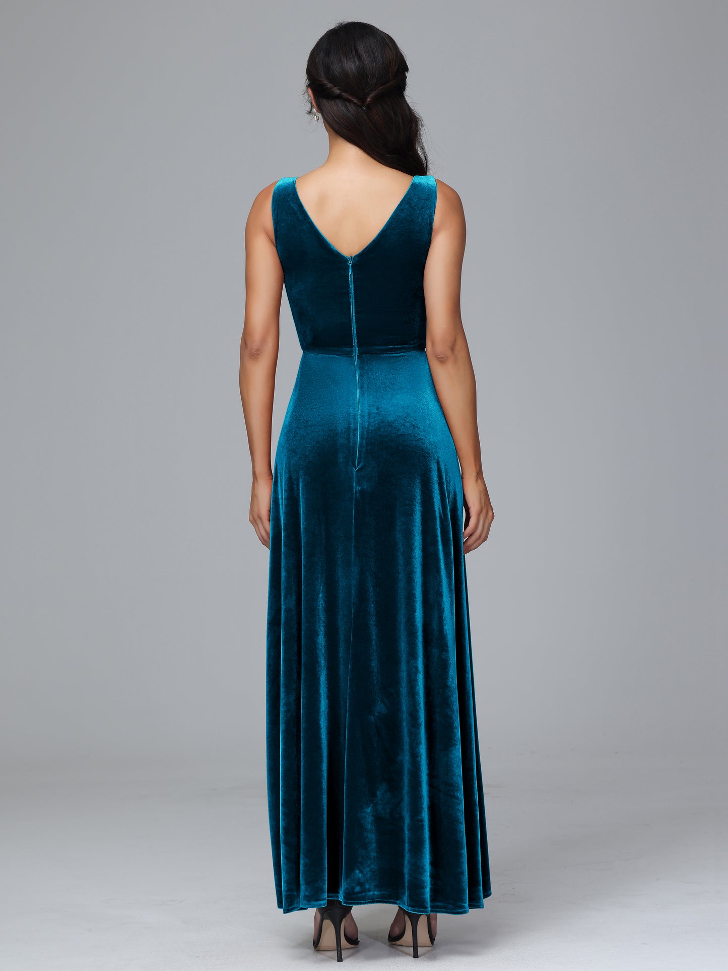 V Neck A Line Velvet Bridesmaid Dress With Slit
