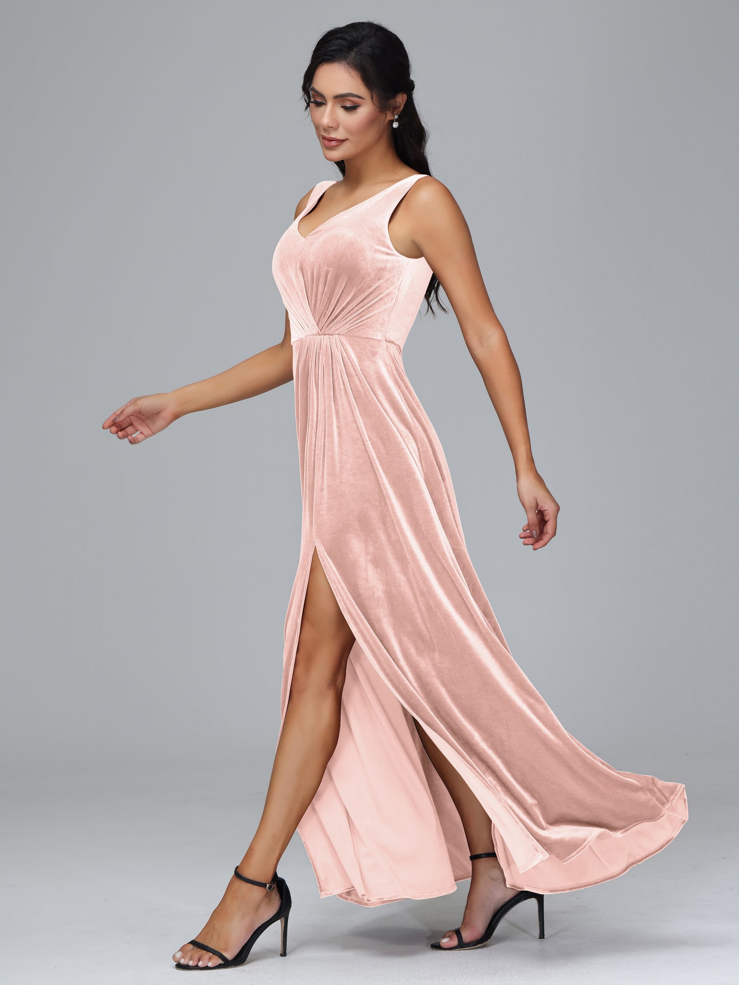 V Neck A Line Velvet Bridesmaid Dress With Slit