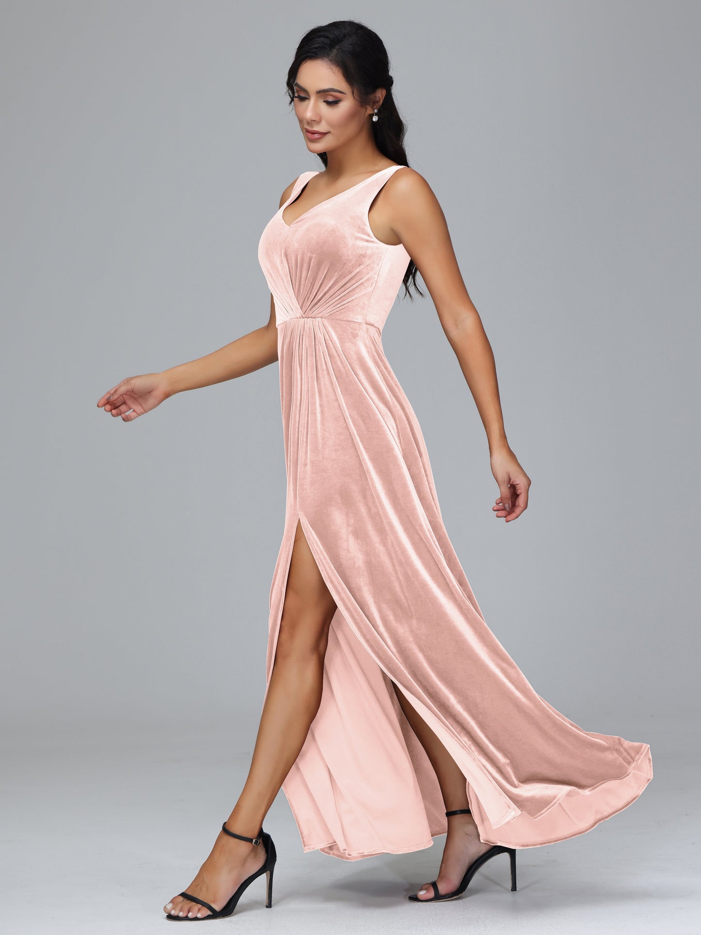 V Neck A Line Plus Size Velvet Bridesmaid Dress With Slit