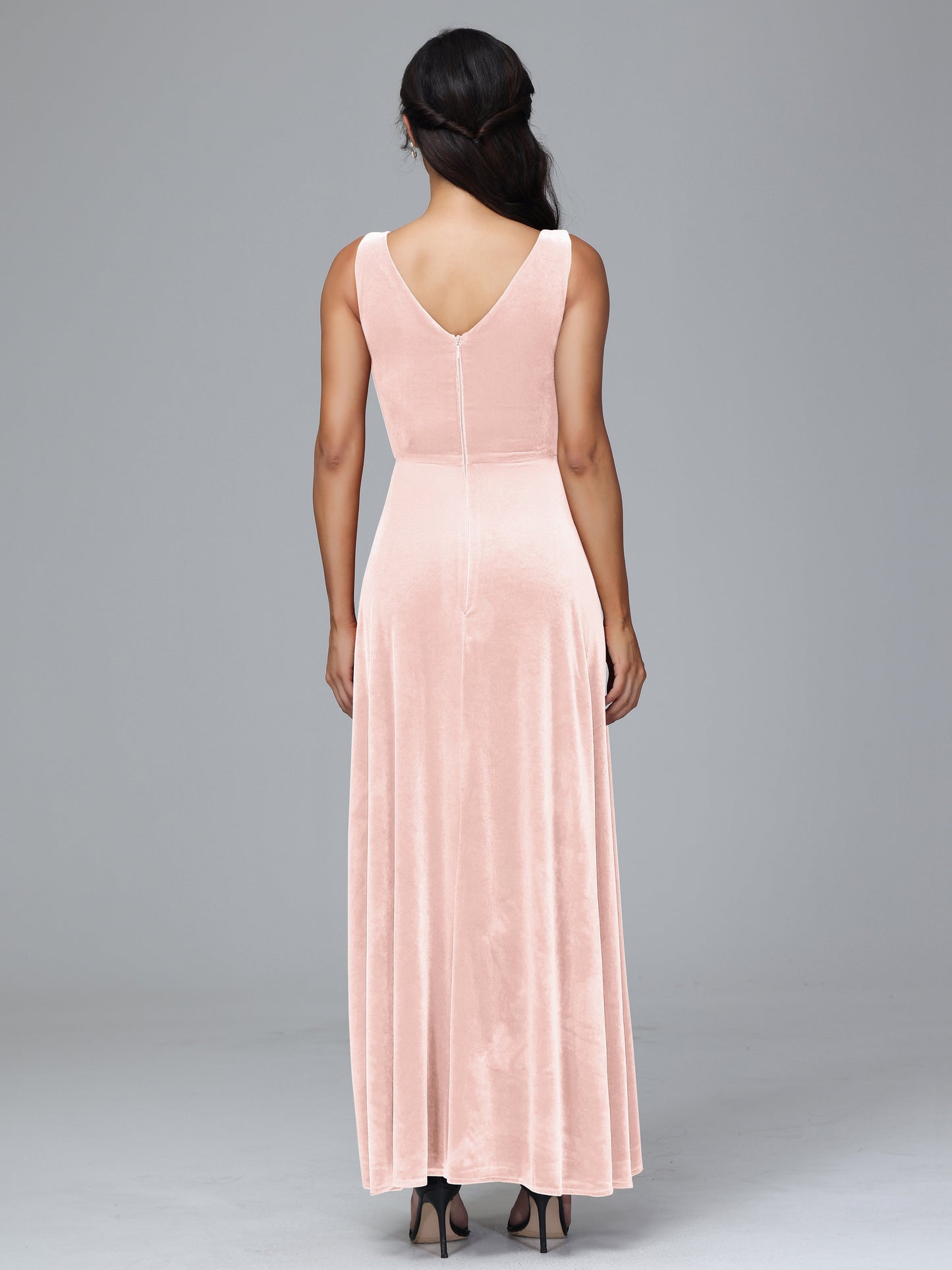 V Neck A Line Plus Size Velvet Bridesmaid Dress With Slit