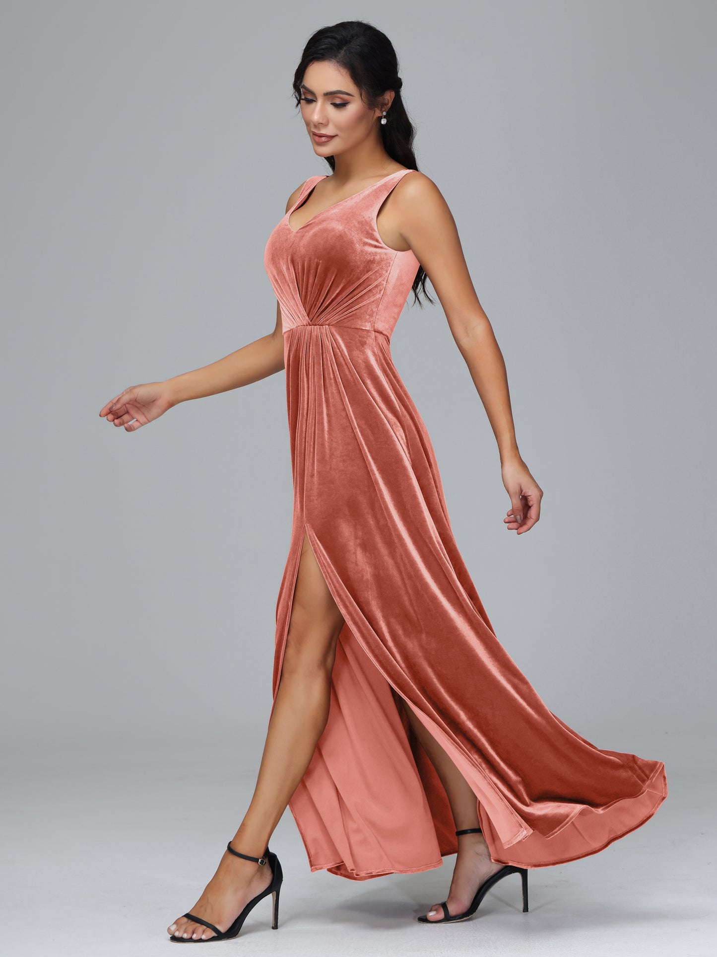 V Neck A Line Velvet Bridesmaid Dress With Slit