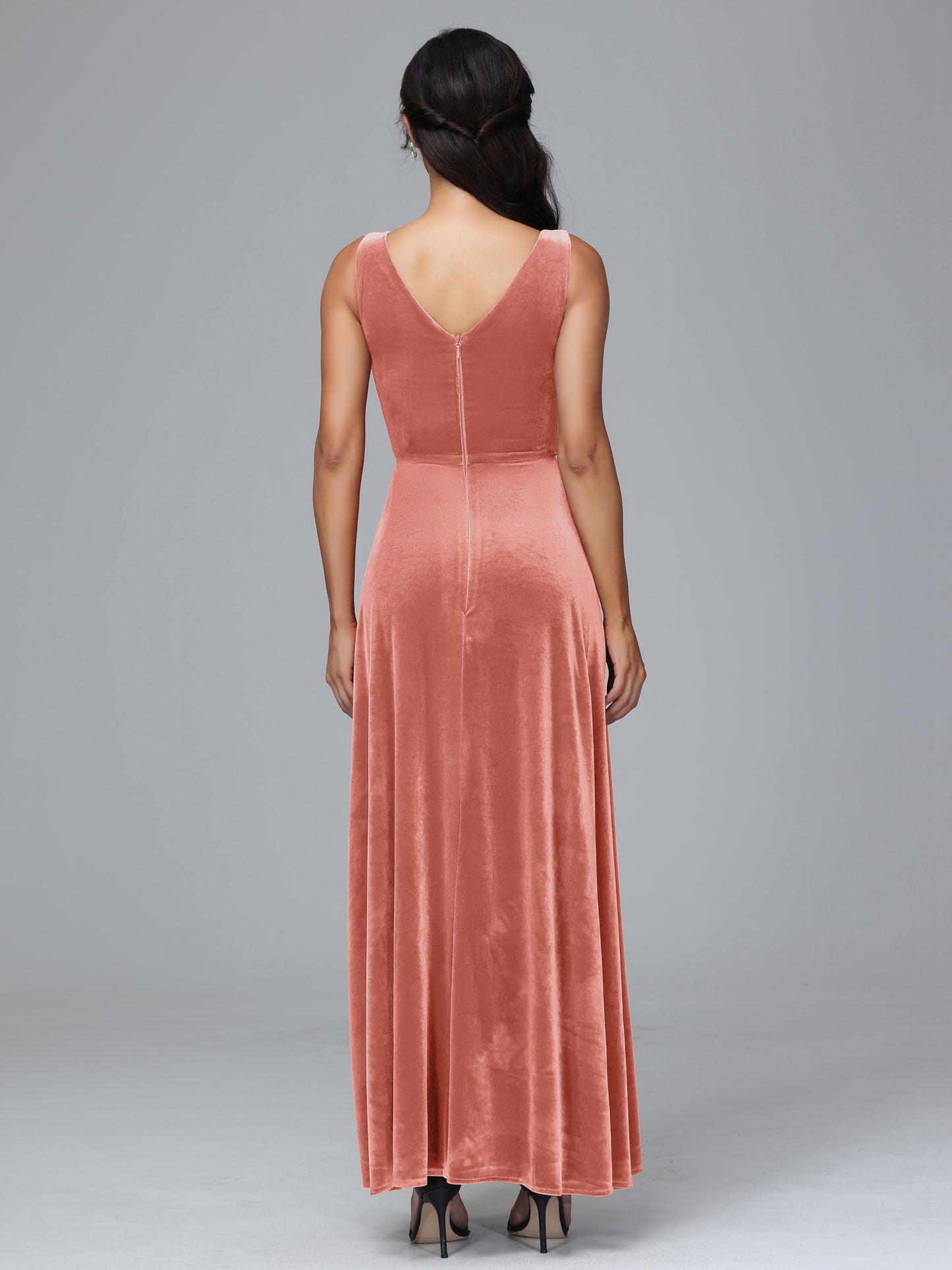 V Neck A Line Velvet Bridesmaid Dress With Slit