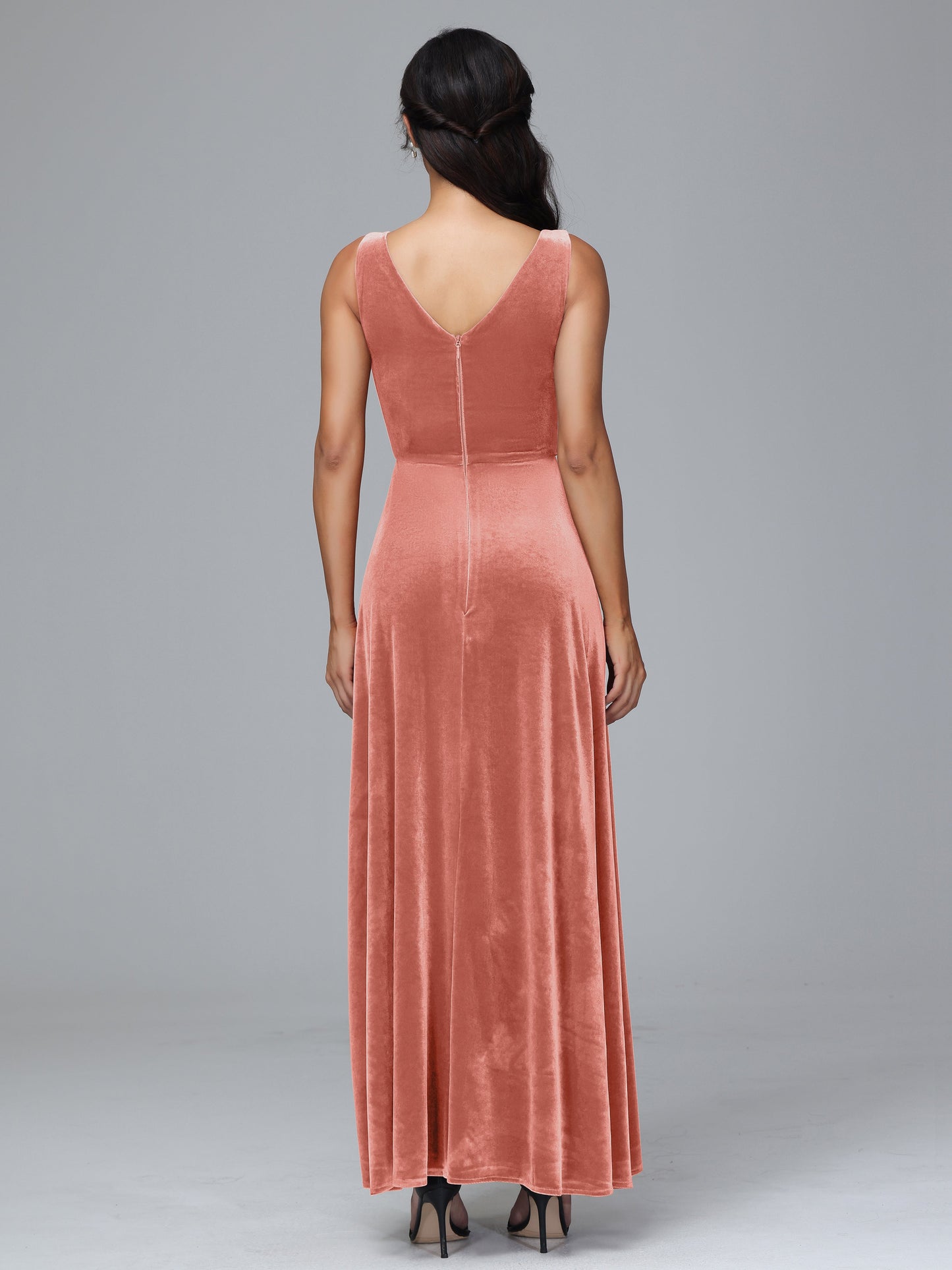 V Neck A Line Plus Size Velvet Bridesmaid Dress With Slit
