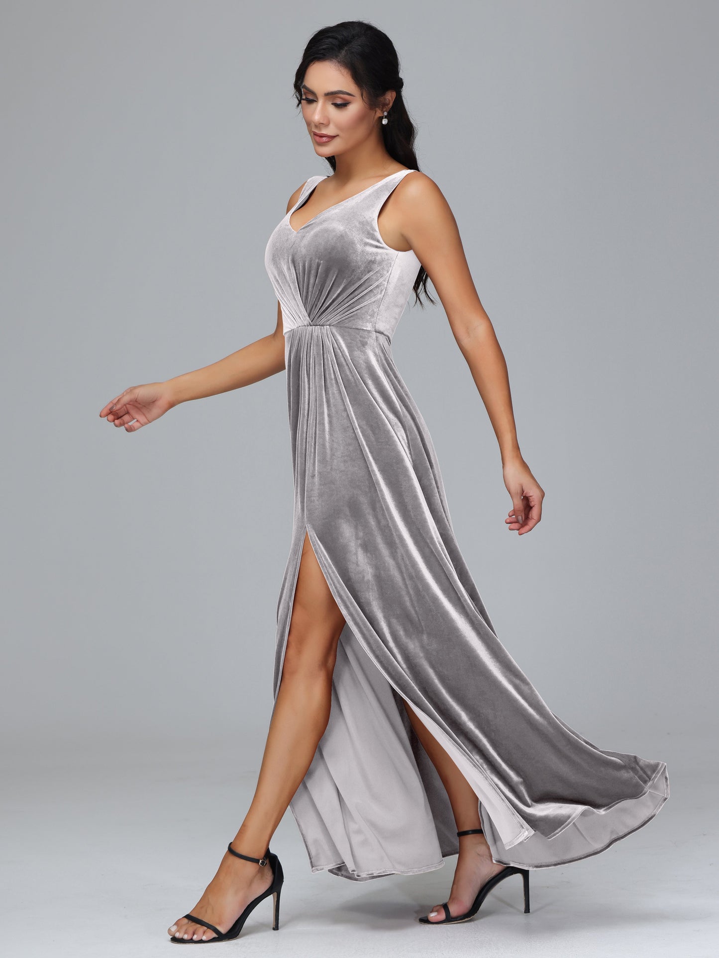 V Neck A Line Plus Size Velvet Bridesmaid Dress With Slit