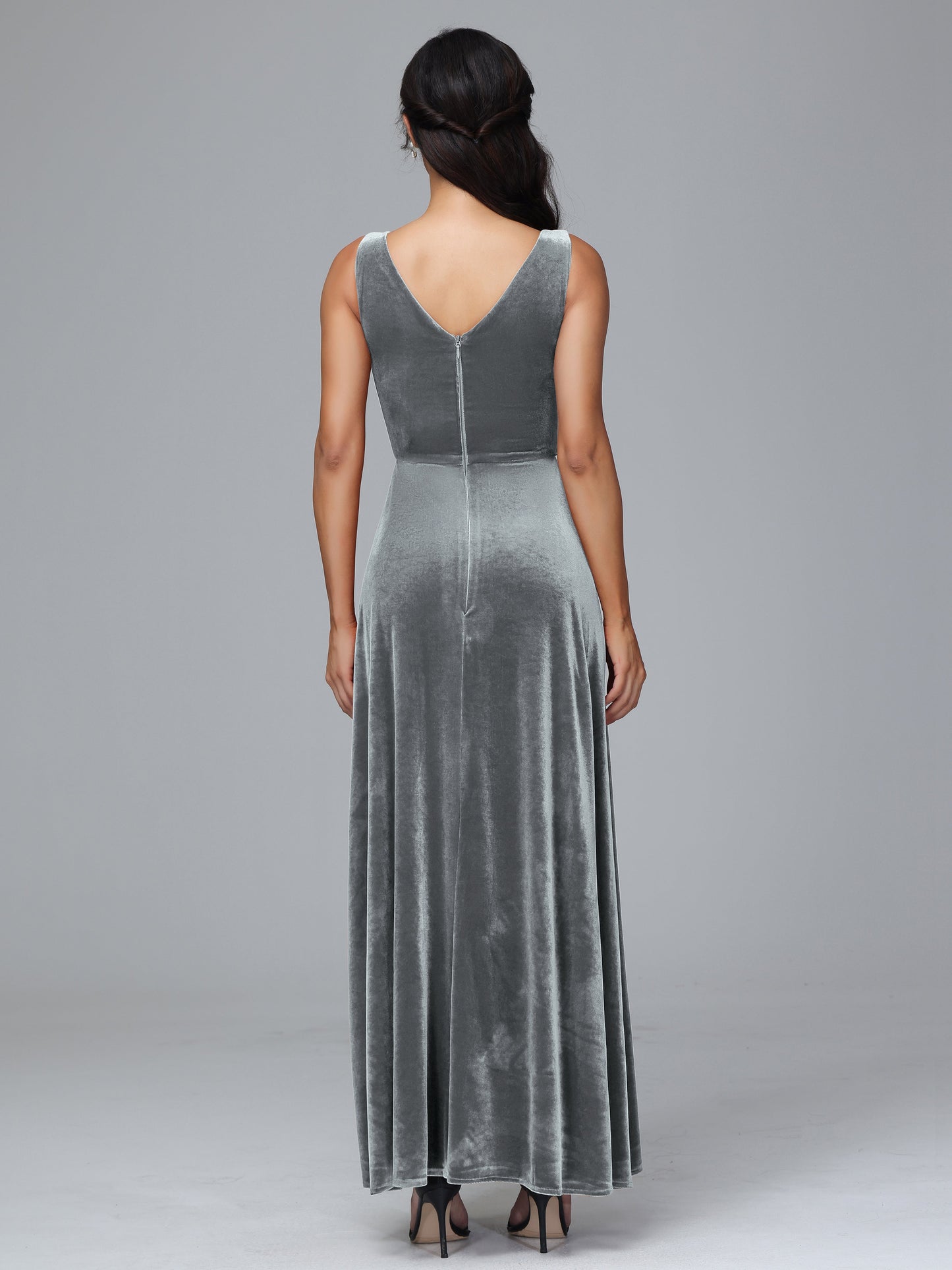 V Neck A Line Plus Size Velvet Bridesmaid Dress With Slit