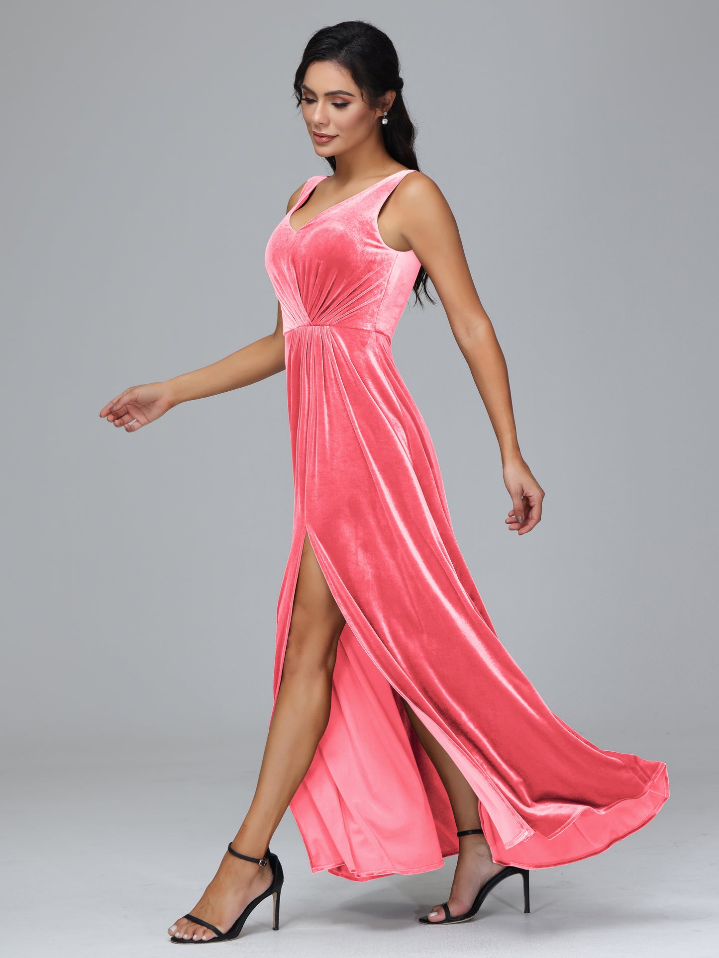 V Neck A Line Velvet Bridesmaid Dress With Slit