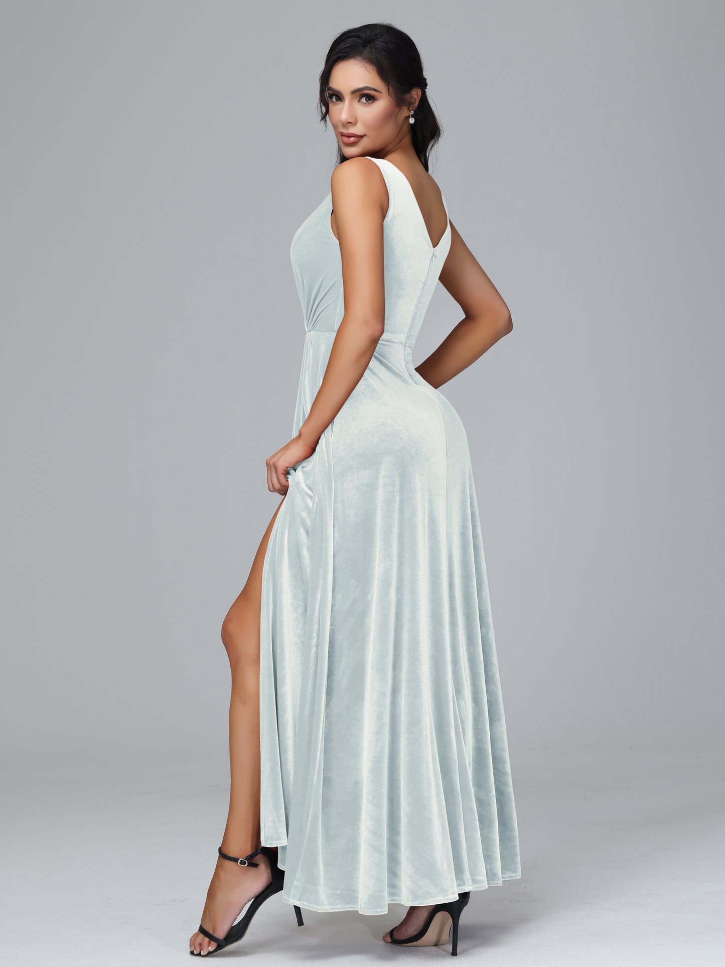 V Neck A Line Velvet Bridesmaid Dress With Slit