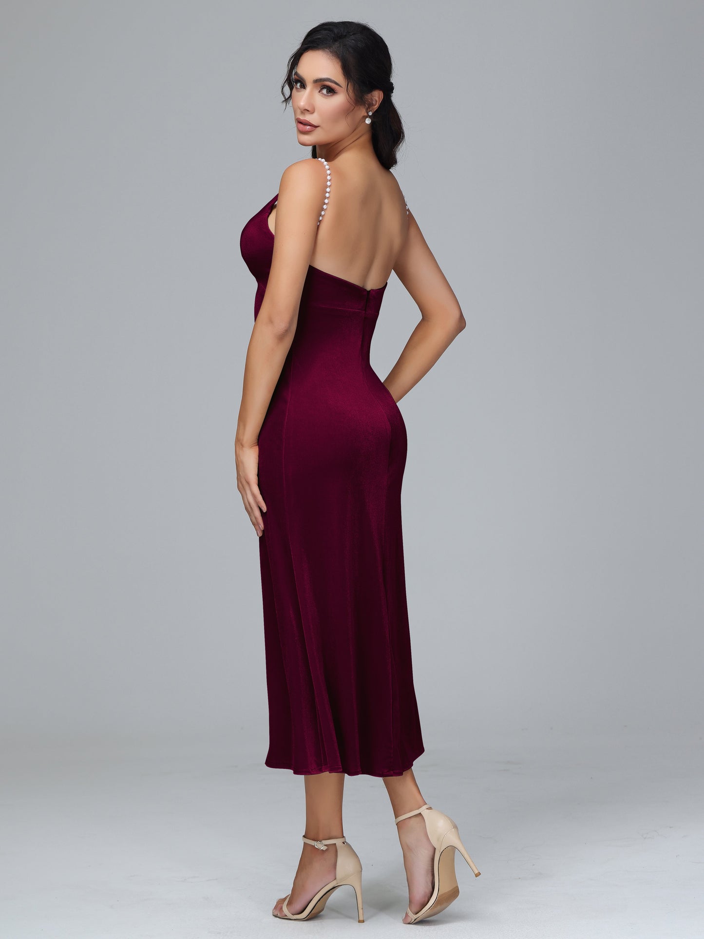 V Neck Spaghetti Straps Plus Size Velvet Bridesmaid Dress