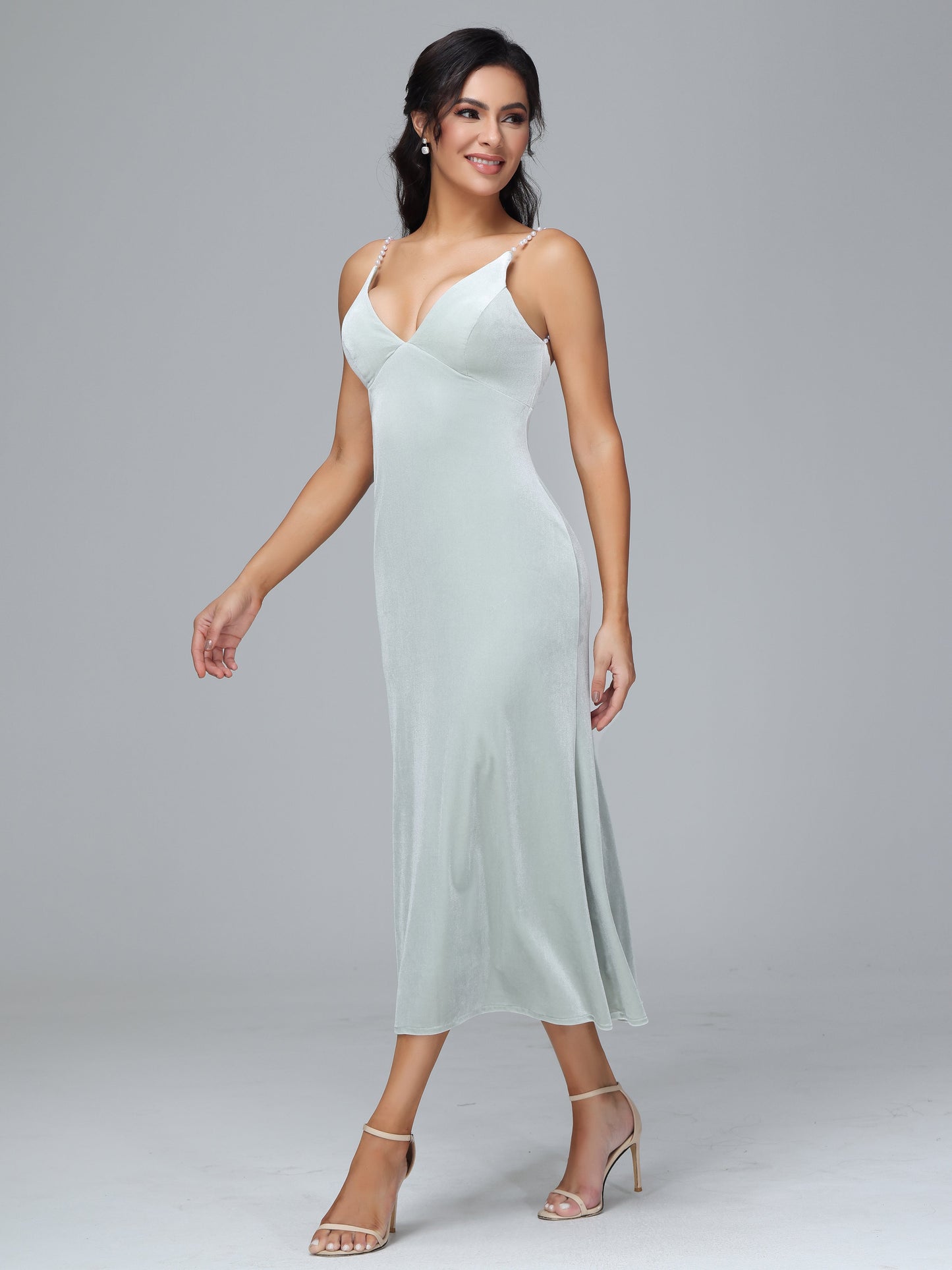 V Neck Spaghetti Straps Plus Size Velvet Bridesmaid Dress