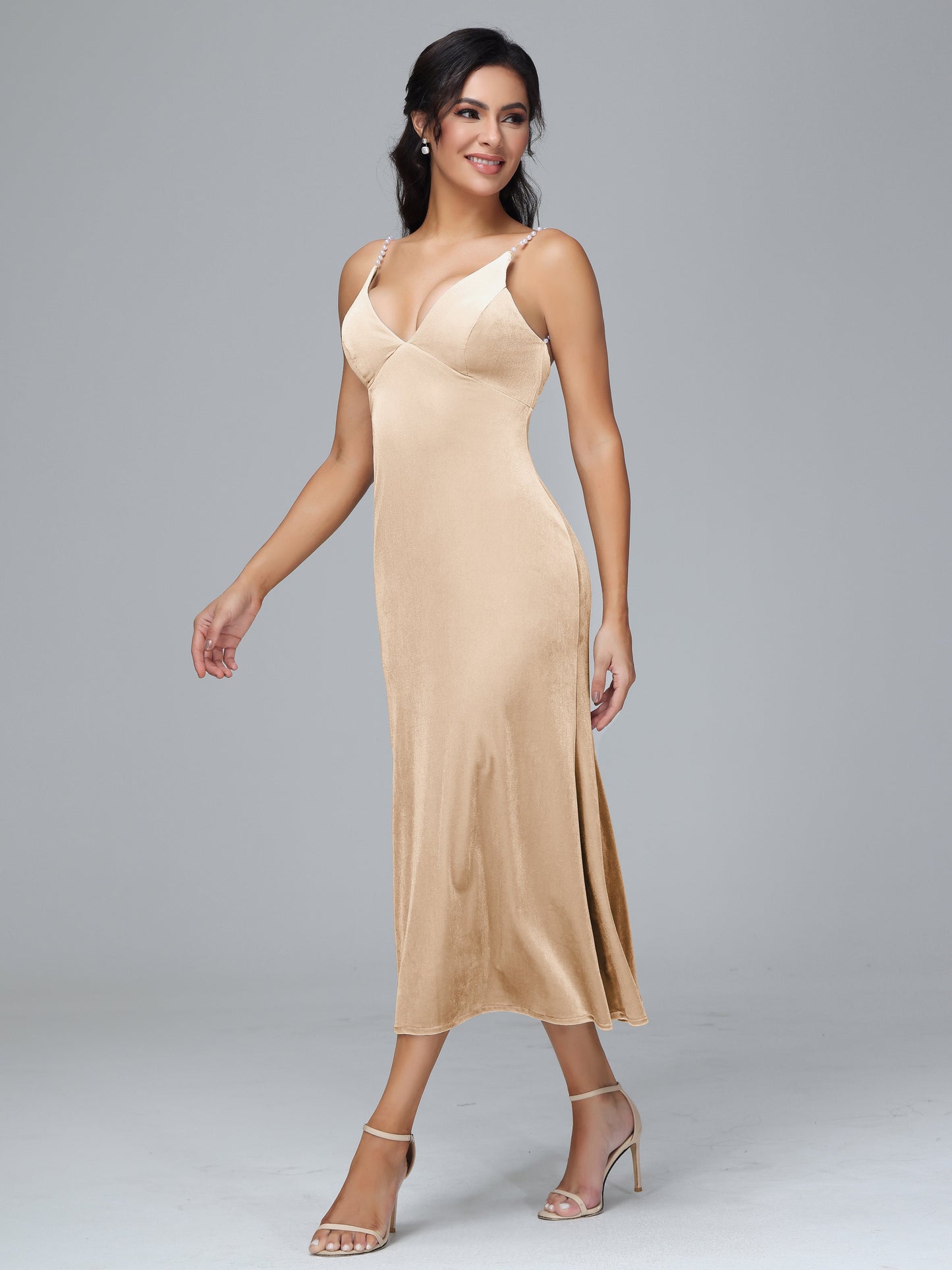 V Neck Spaghetti Straps Plus Size Velvet Bridesmaid Dress