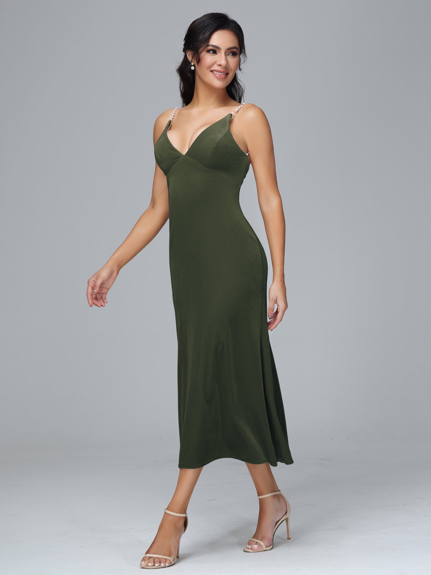 V Neck Spaghetti Straps Plus Size Velvet Bridesmaid Dress