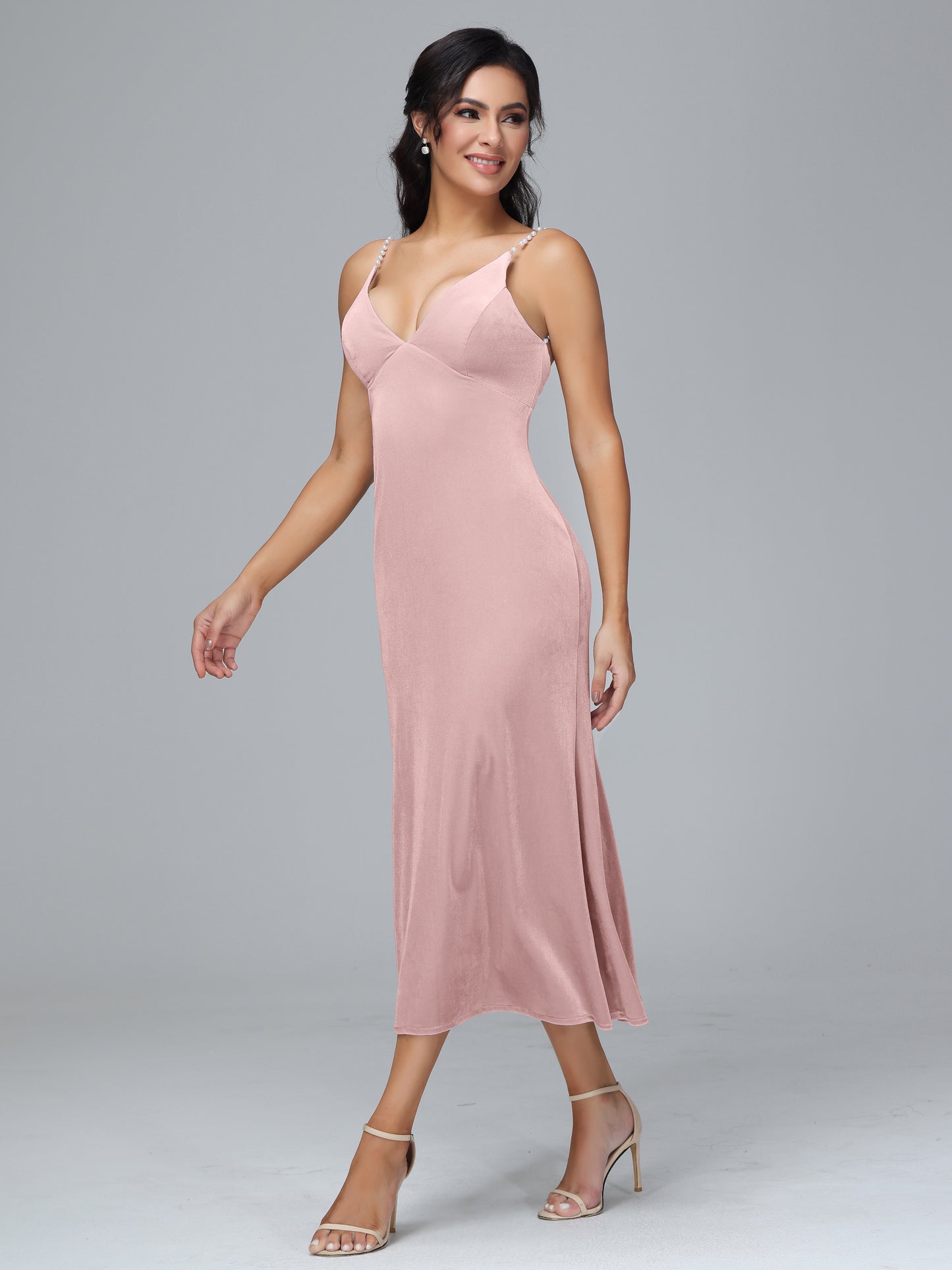 V Neck Spaghetti Straps Velvet Bridesmaid Dress