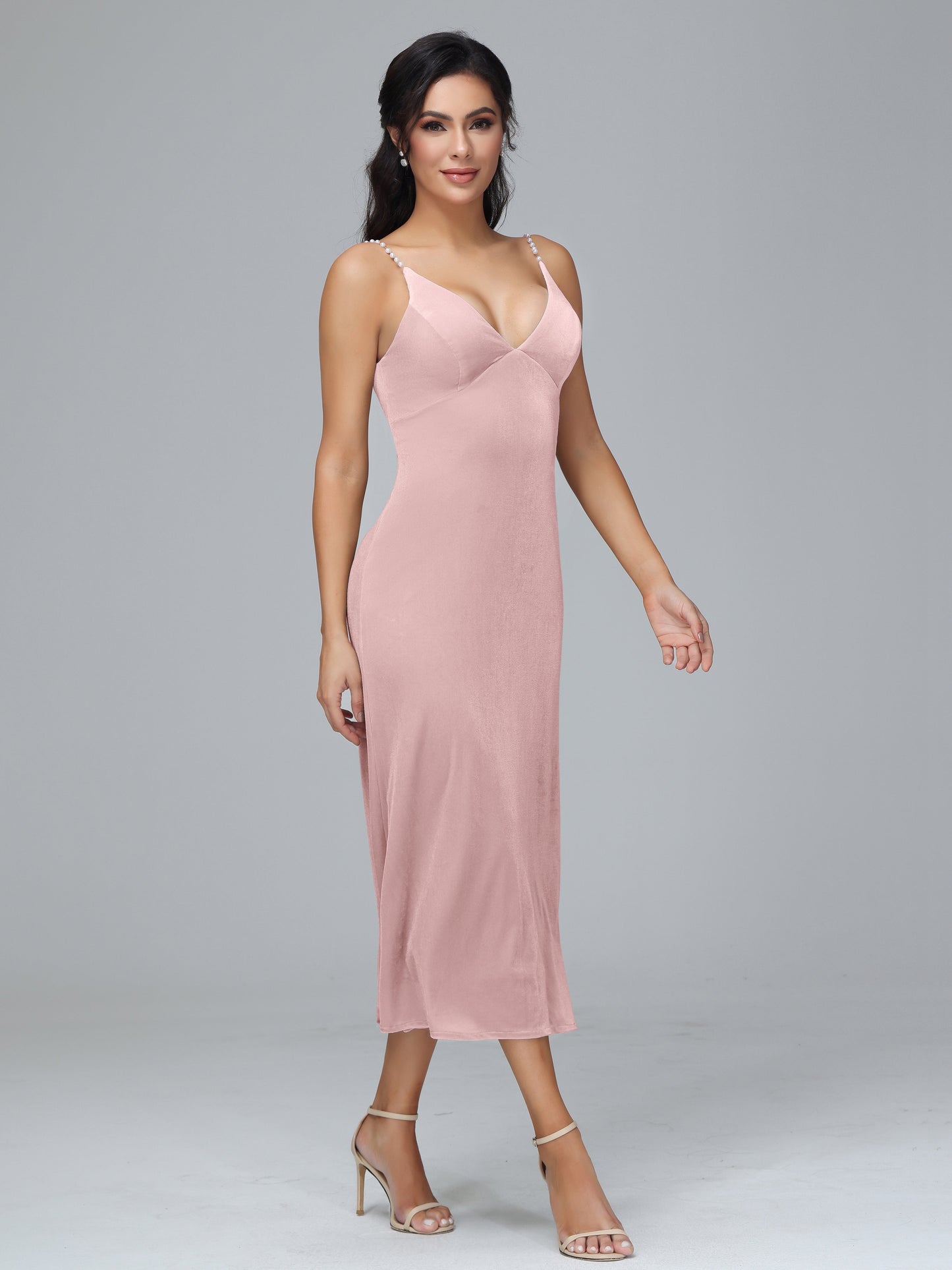 V Neck Spaghetti Straps Plus Size Velvet Bridesmaid Dress