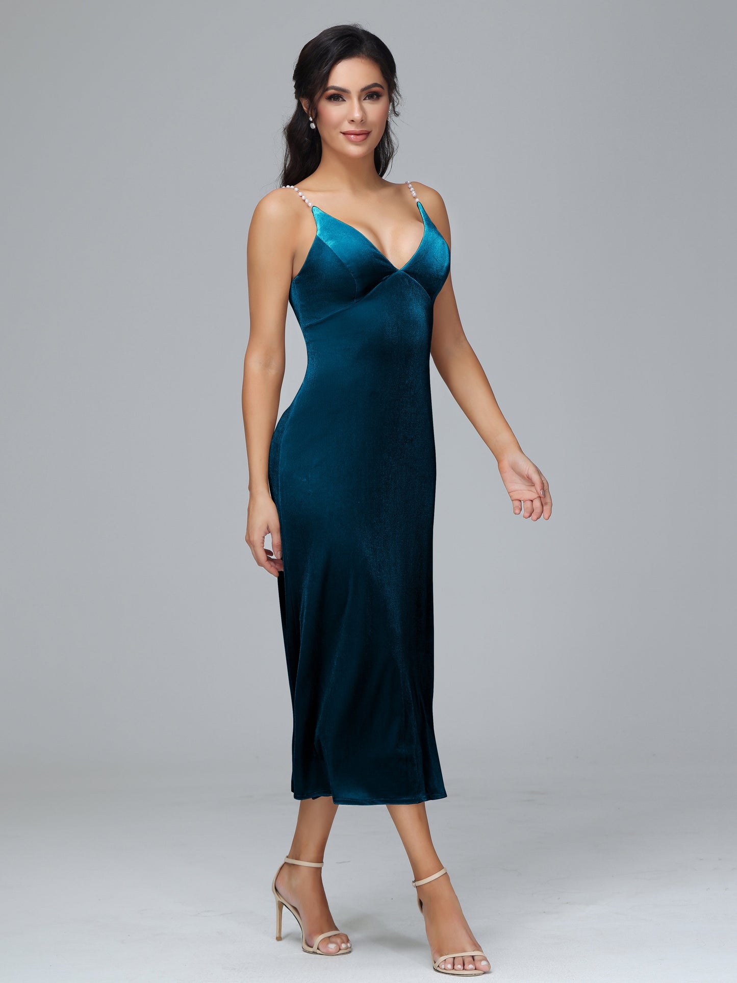 V Neck Spaghetti Straps Plus Size Velvet Bridesmaid Dress